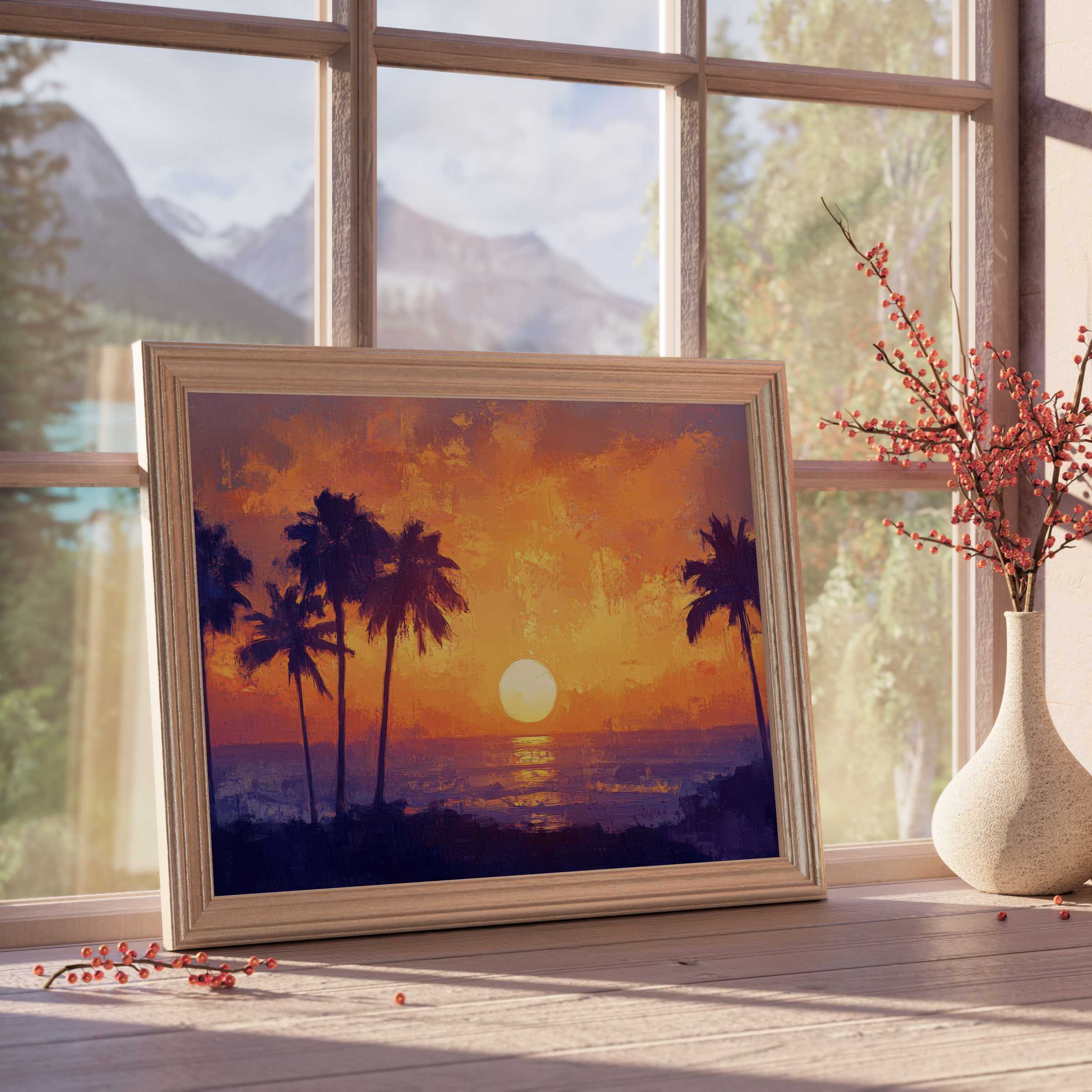 Warm, vibrant tree downloadable art capturing a serene sunset with silhouetted palms, perfect for curated, tranquil interiors