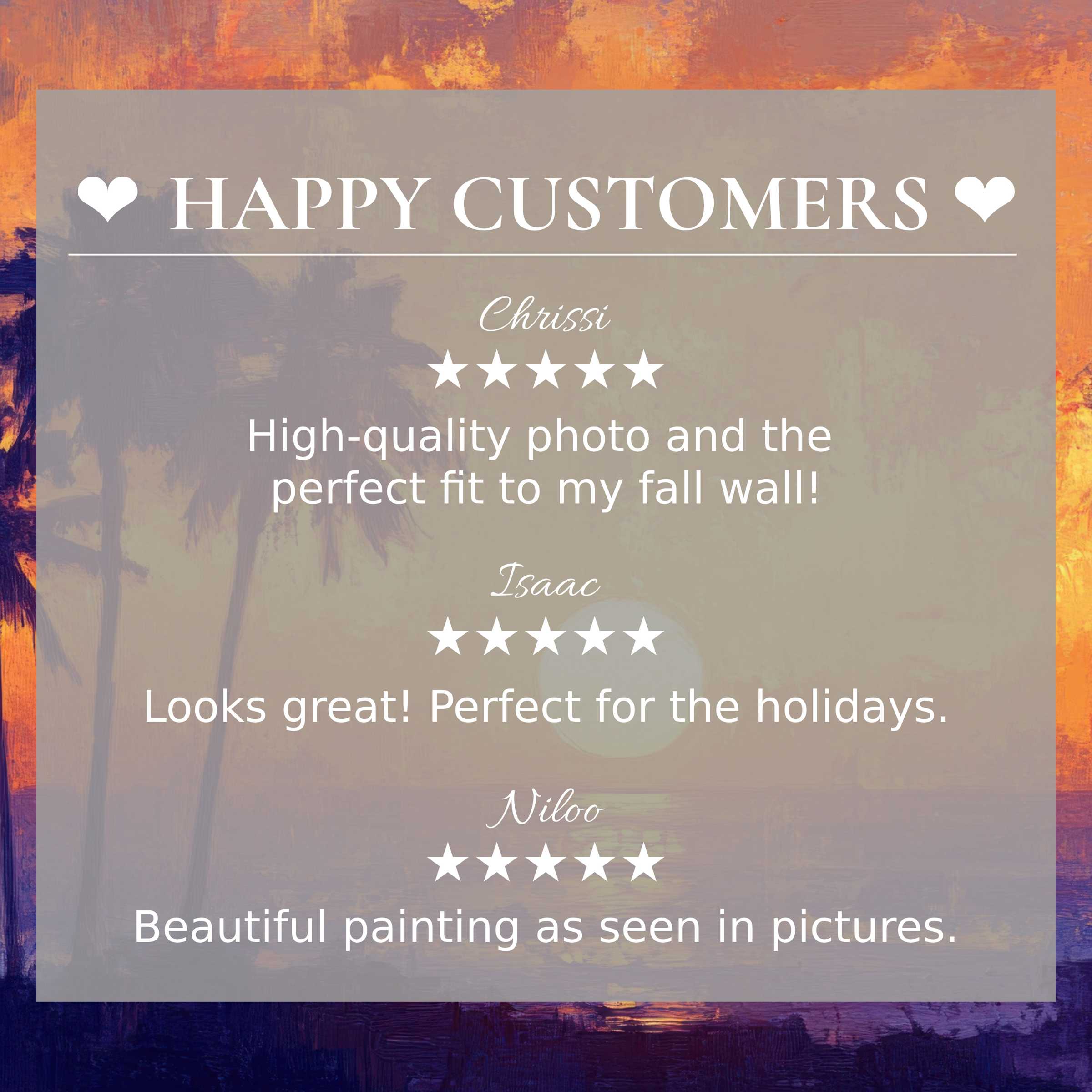 Trees art for Frame TV with abstract sunset hues, showcasing happy customer reviews and elegant, trusted design