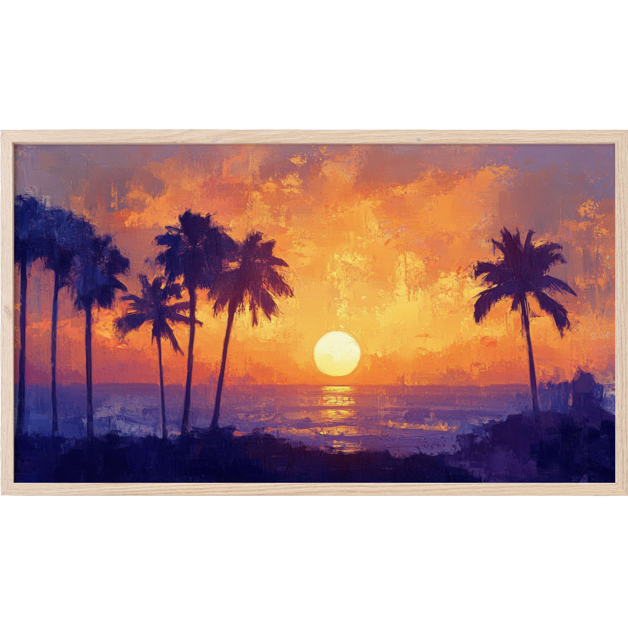 Vibrant sunset with silhouetted palm trees and rich purples, oranges in a textured tree Frame TV Art style