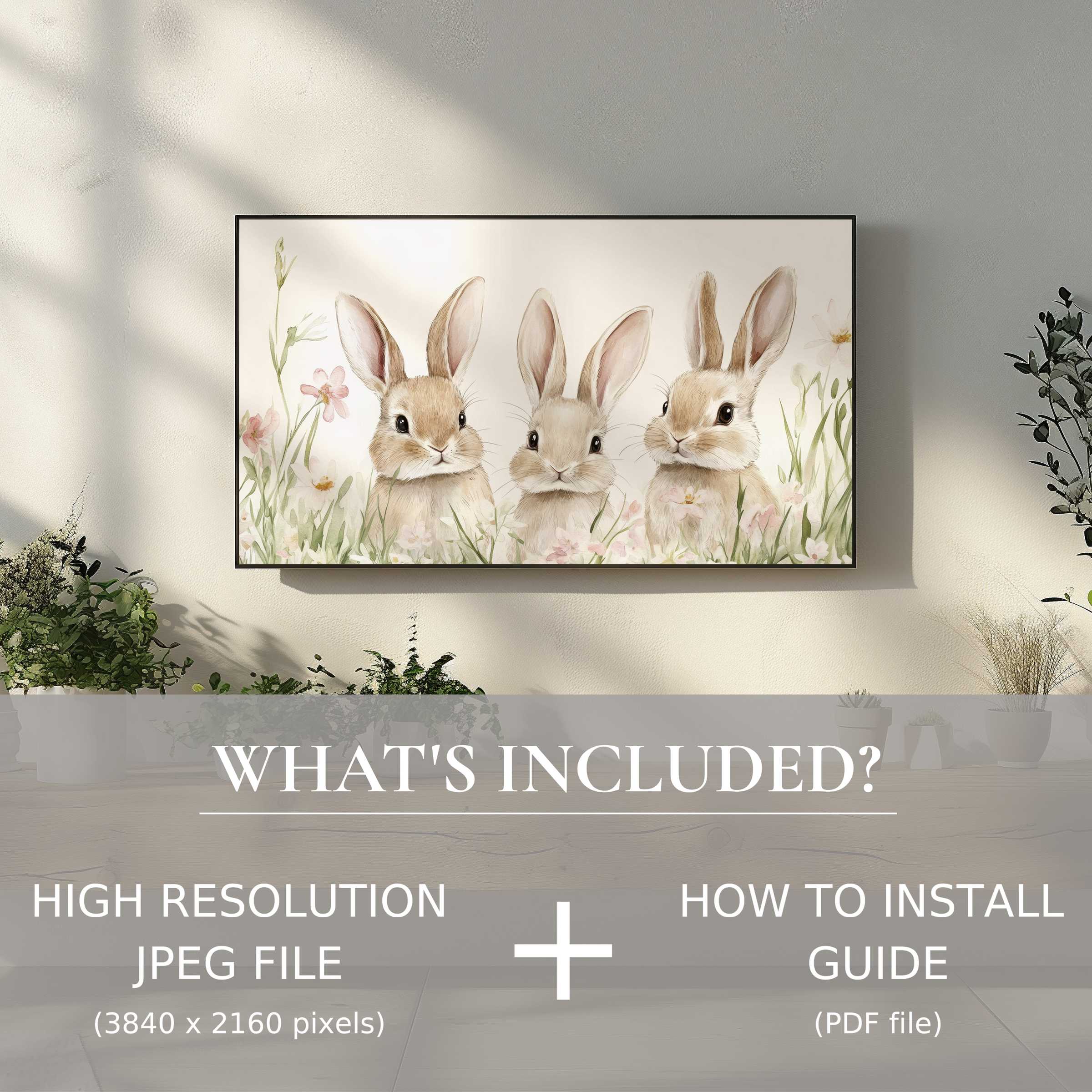 Elegant nursery digital TV art download with charming rabbits, easy digital use enhances serene, modern living spaces