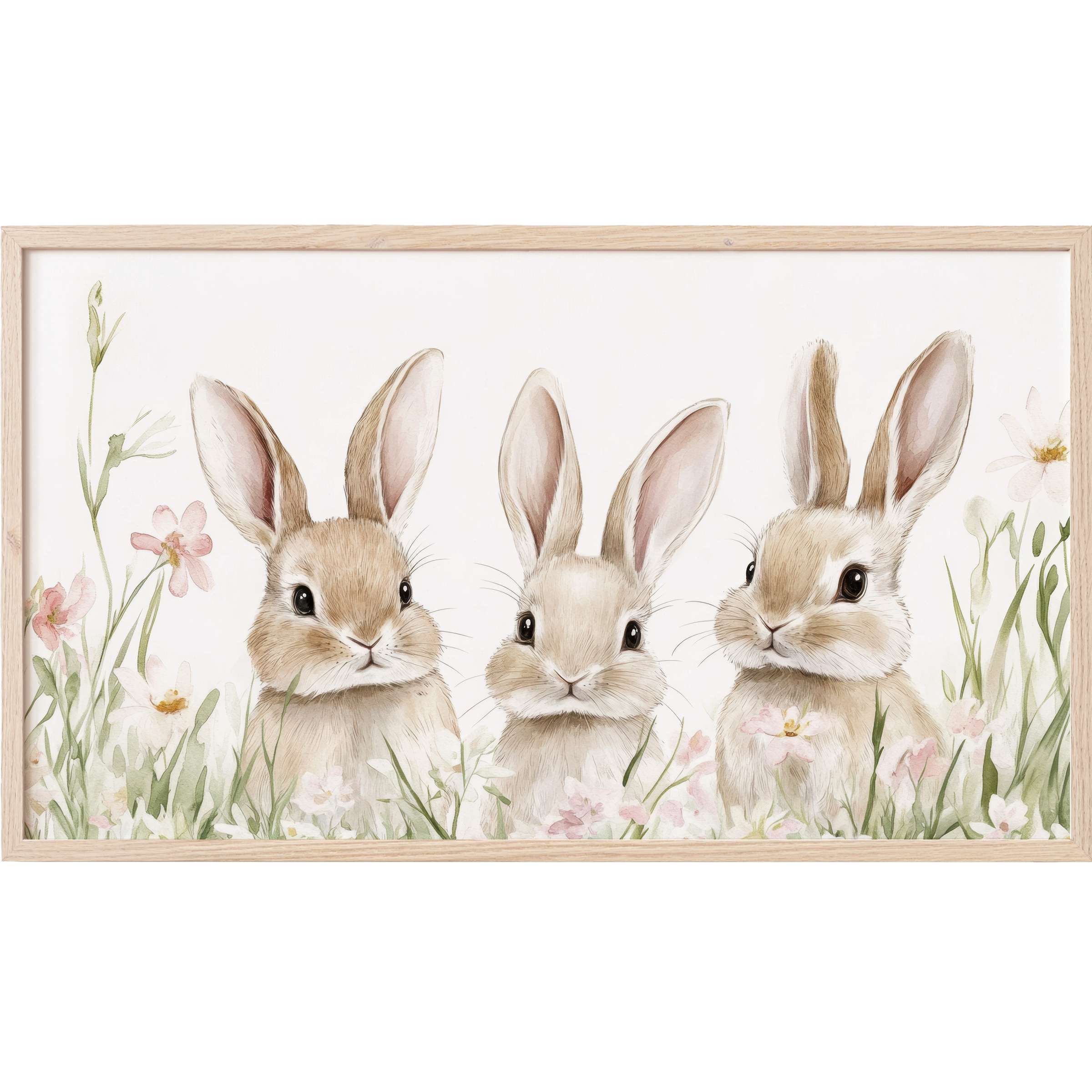 Nursery Frame TV Art with soft, watercolor bunnies and pastel florals in a serene, modern botanical style