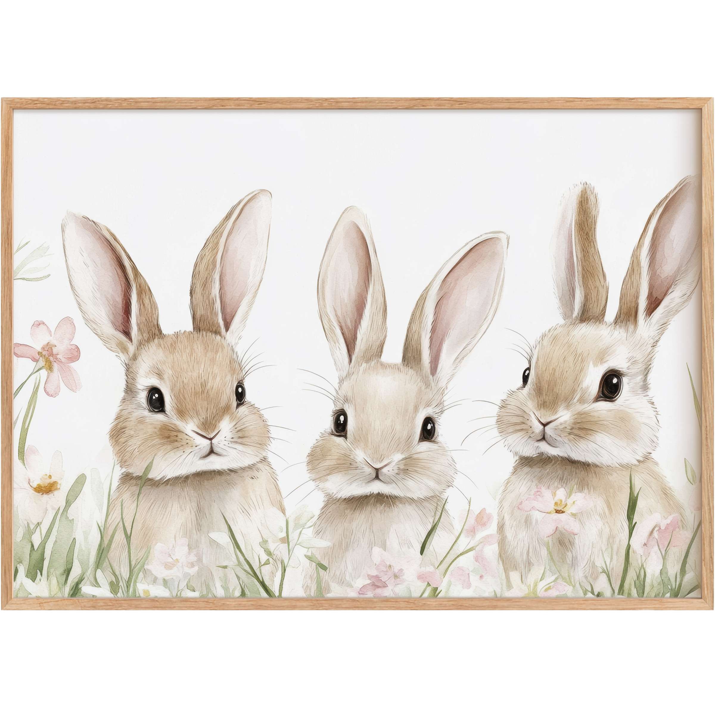 Charming nursery printable wall art with soft beige bunnies and pastel florals creates a serene, tender ambiance for modern nurseries