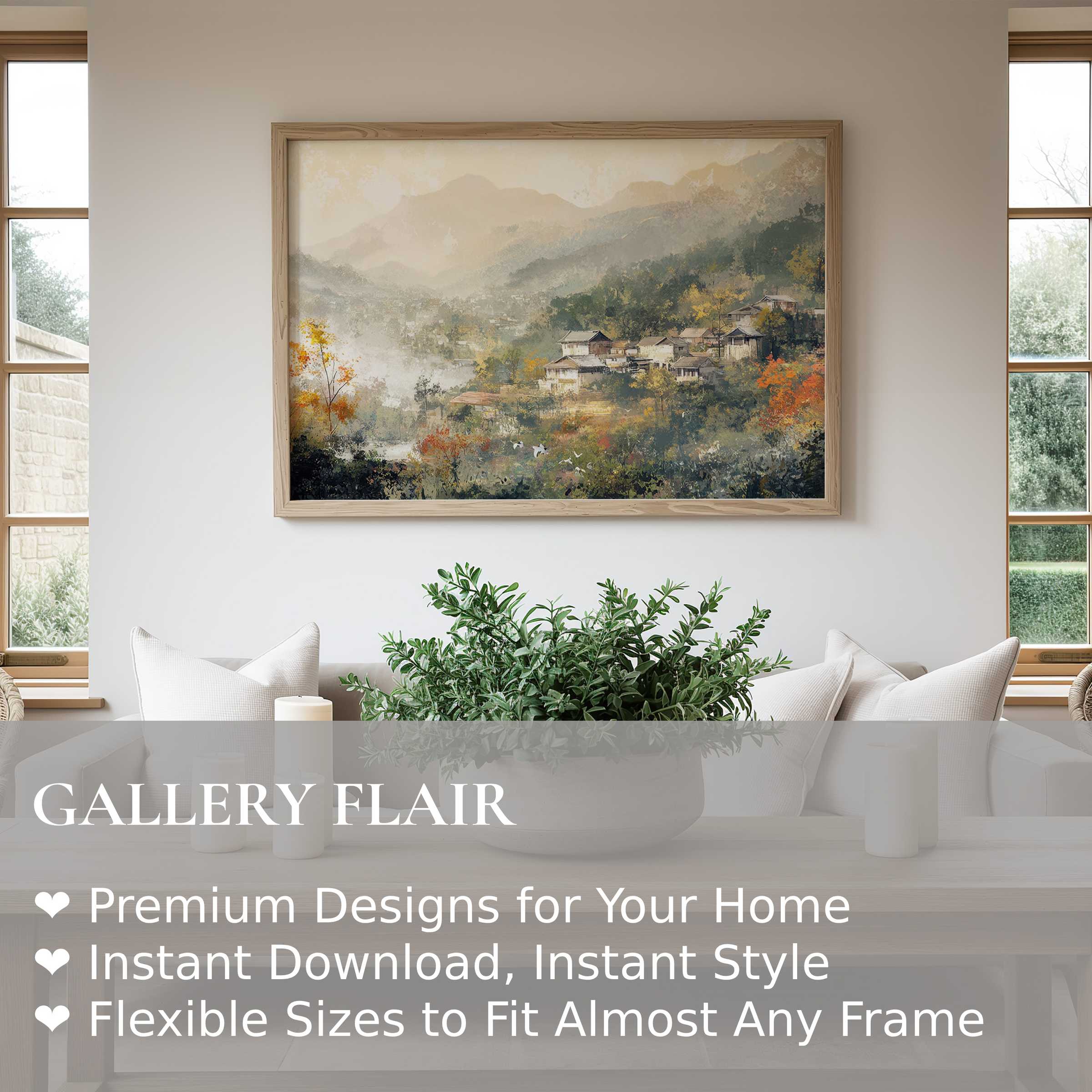 Vintage wall art print featuring a serene, misty mountain village in warm autumn hues, enhancing modern minimalist living spaces with calm elegance
