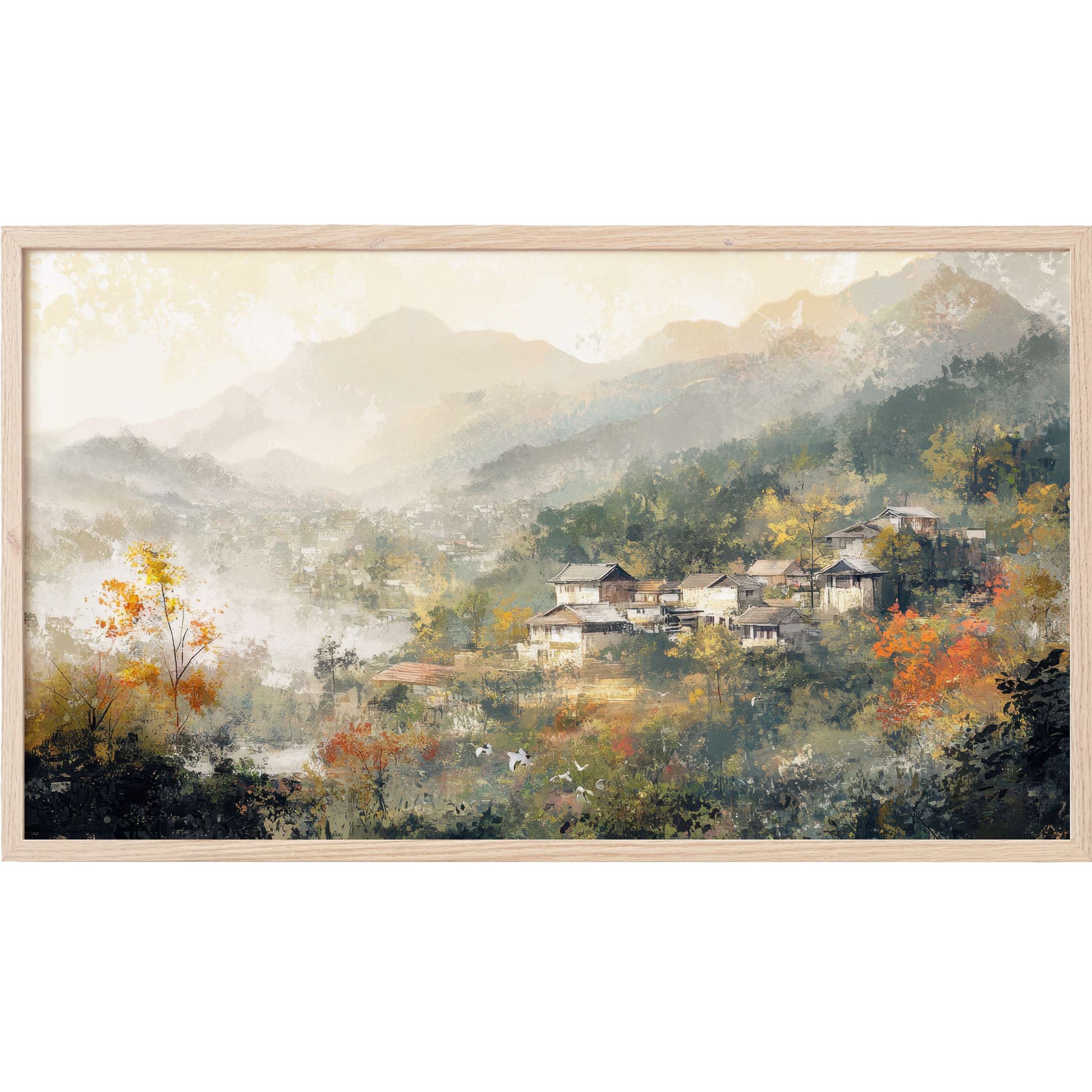 Vintage Frame TV Art depicting a misty village in soft autumn hues with textured, painterly brushstrokes