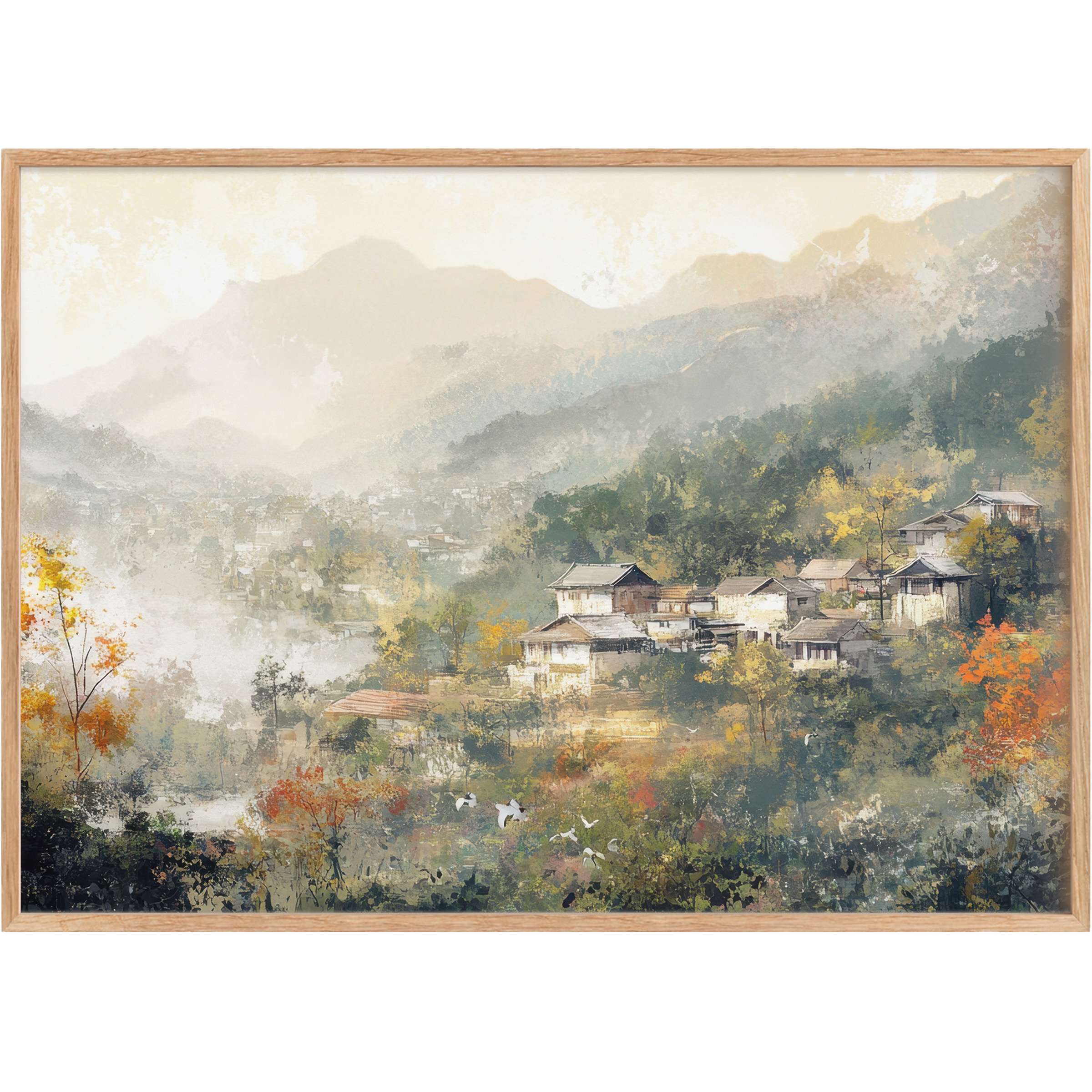 Vintage printable wall art capturing a serene mountain village in muted greens, soft golds, and autumnal oranges for a calming, timeless ambiance