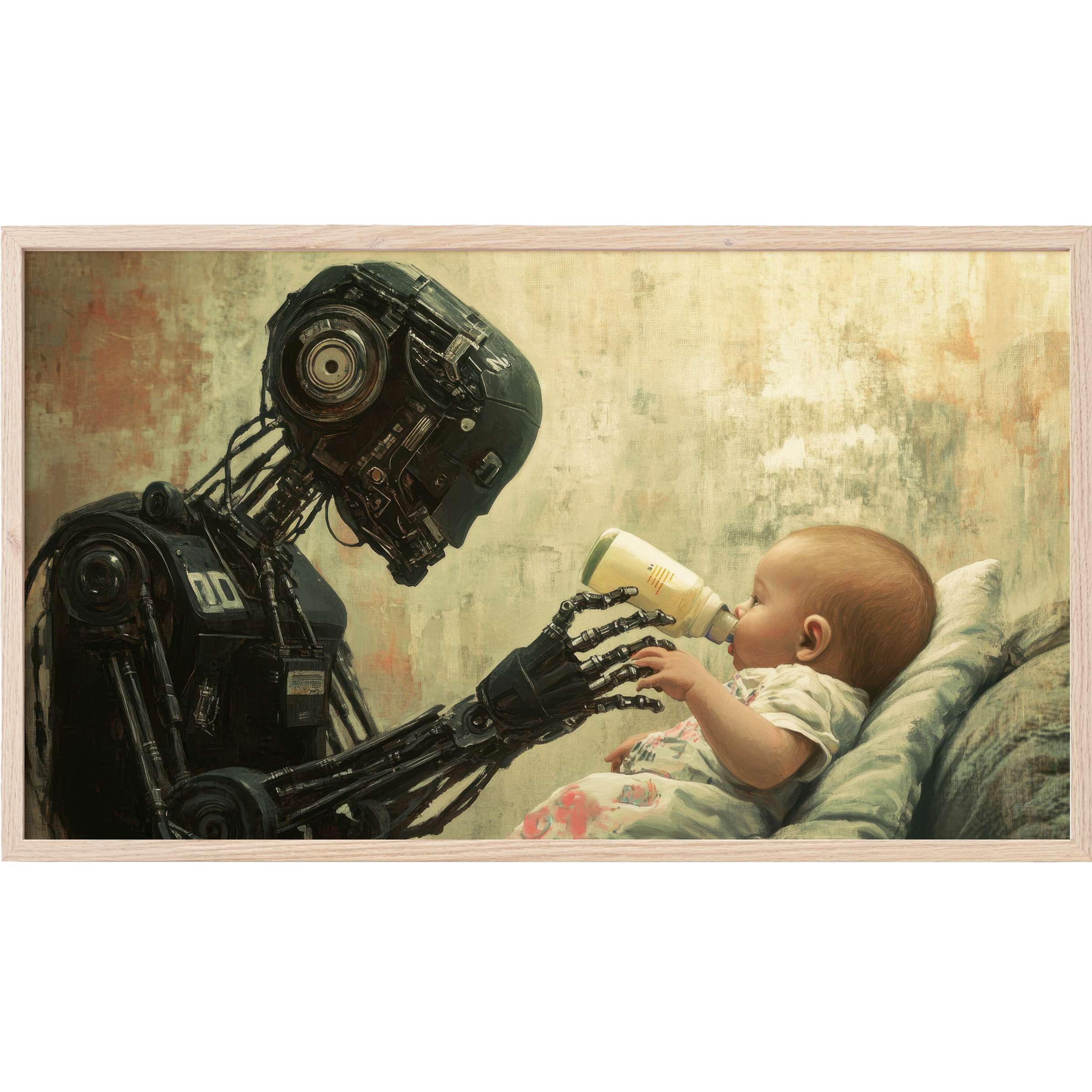 Street art Frame TV Art depicting a dark robot tenderly feeding a baby with muted, earthy tones