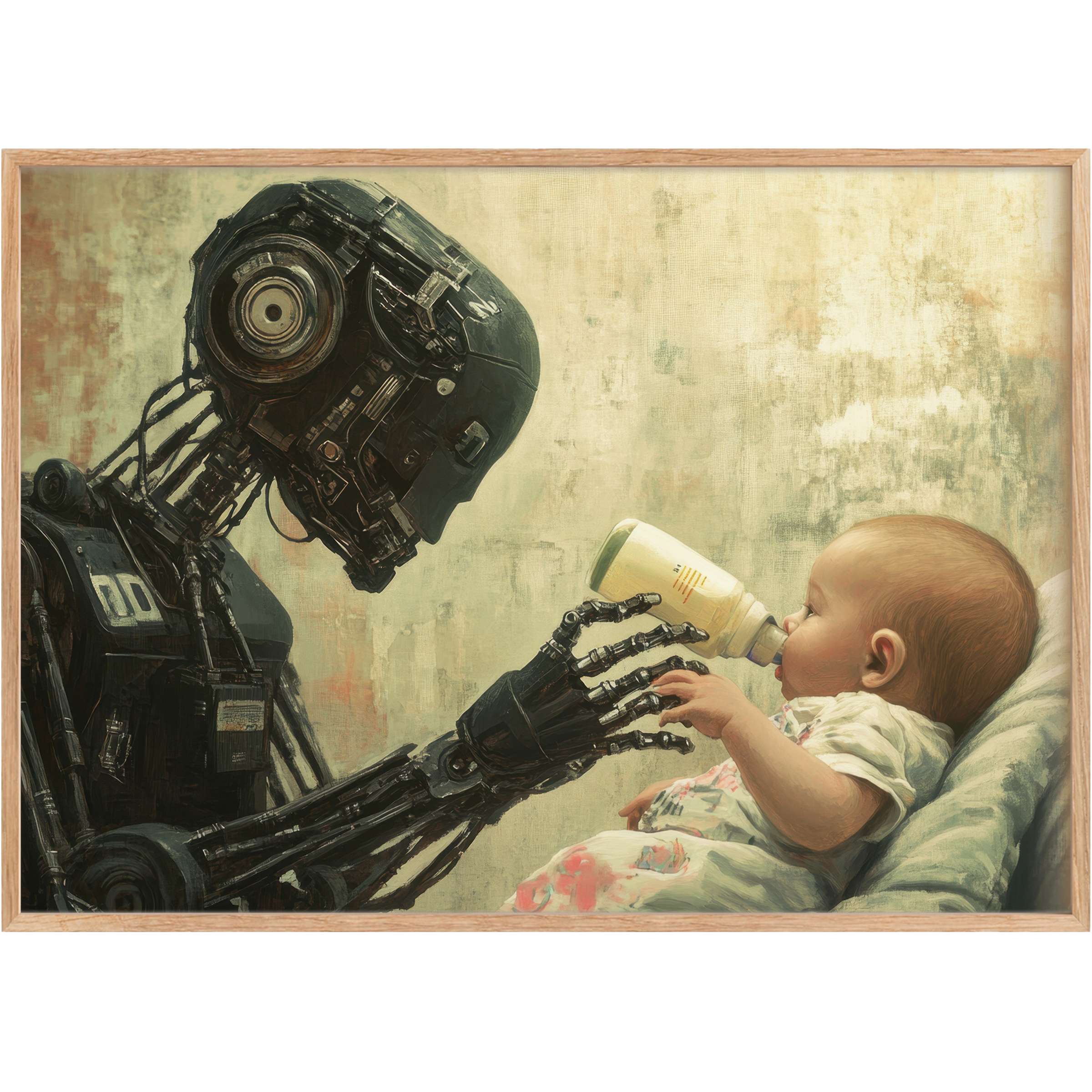 Futuristic bond in muted tones - street art printable wall art blending tender innocence and bold, mechanical grace