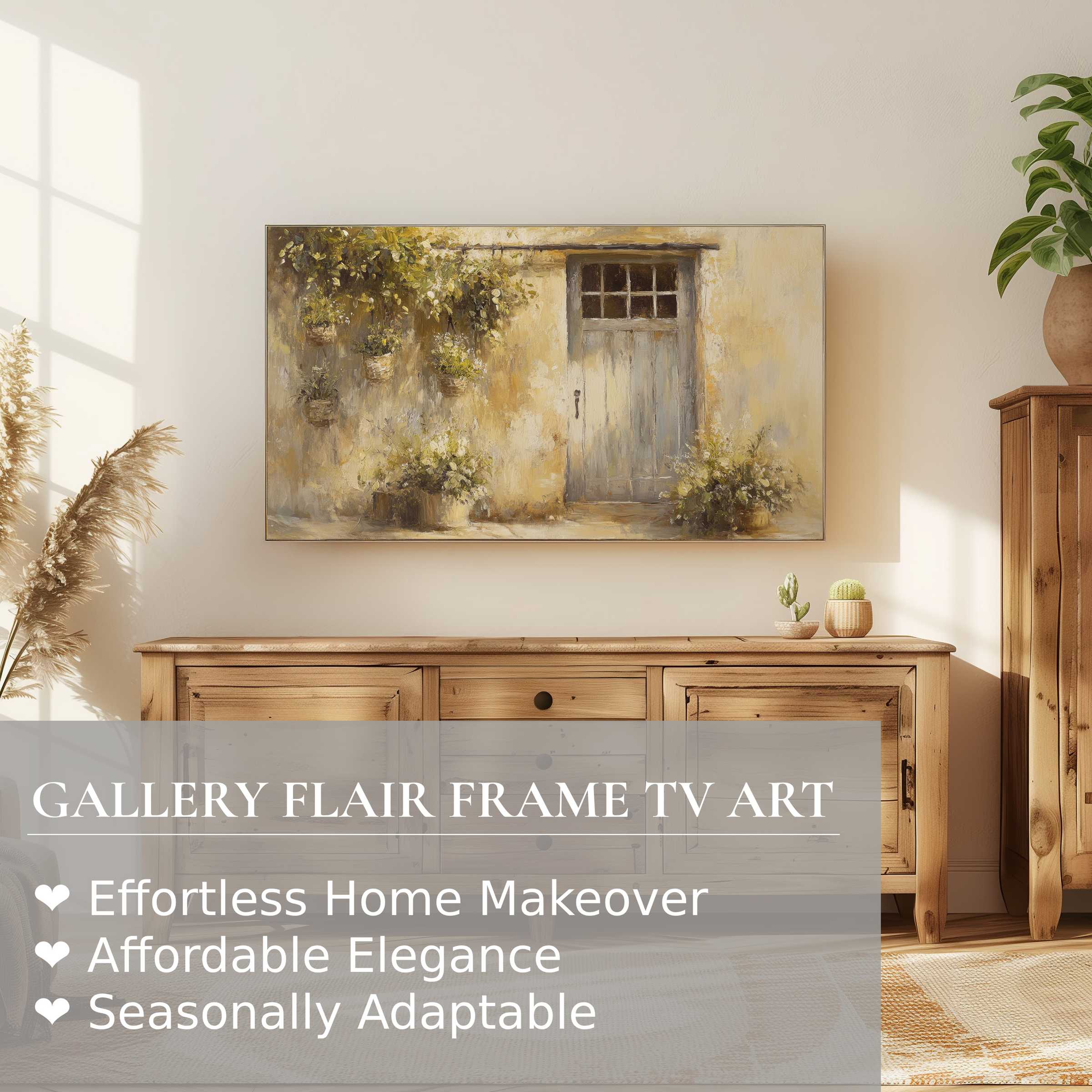 Samsung Frame TV displays serene farmhouse digital artwork, blending rustic charm with modern elegance in a sunlit room