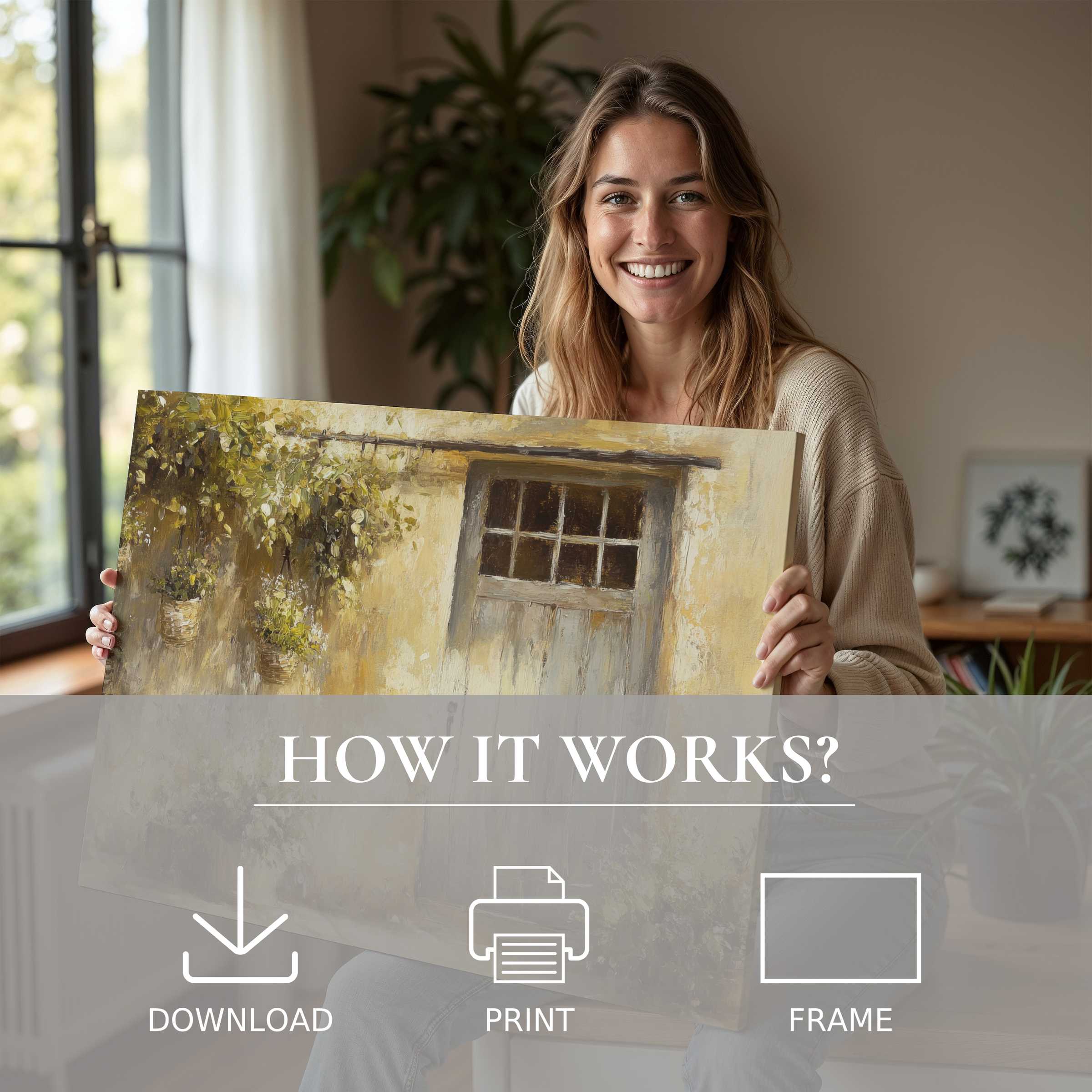 Woman radiates joy in her sunlit modern home, embracing the timeless charm of a farmhouse digital art print