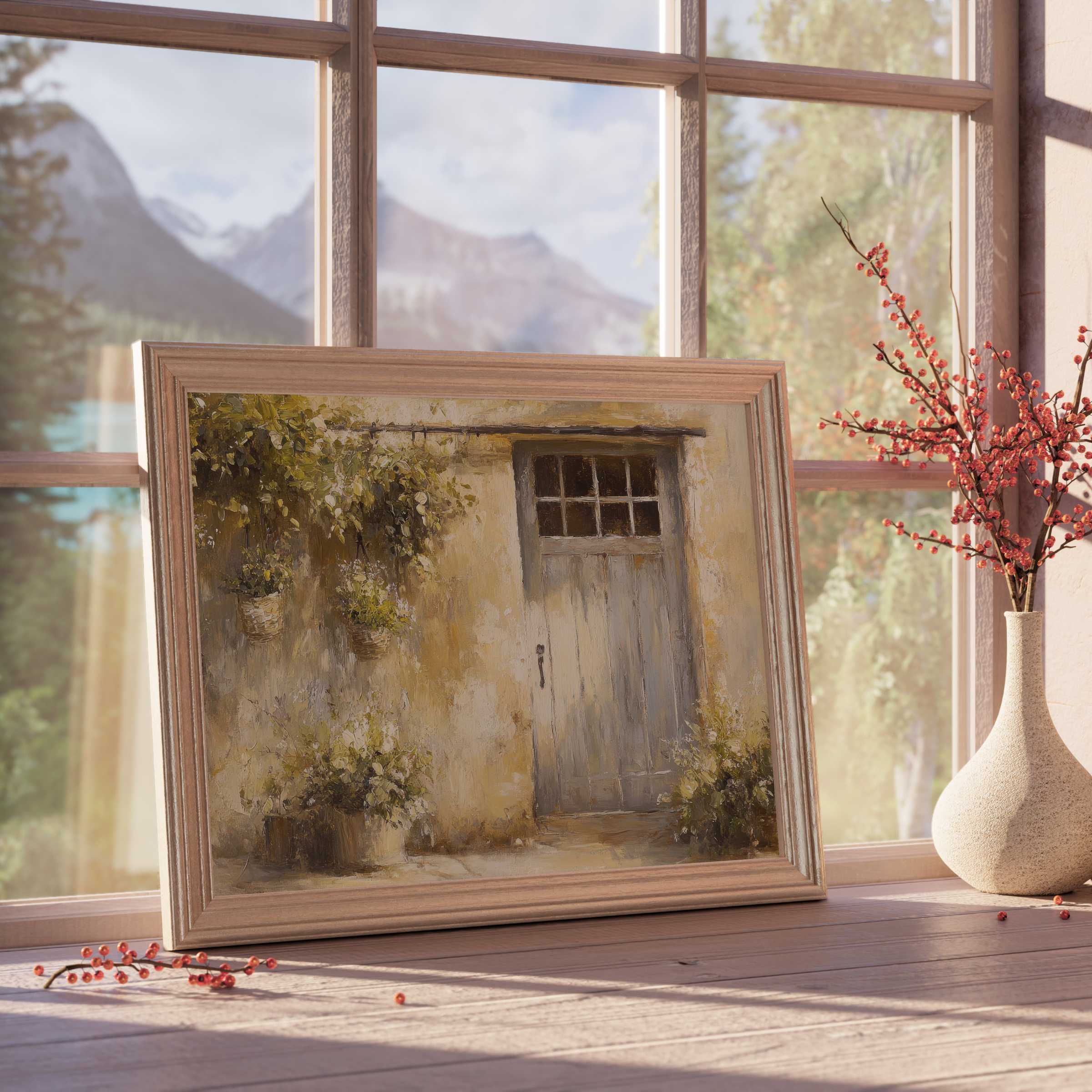 Farmhouse downloadable art with rustic door and lush greenery, infusing serene warmth and timeless charm into chic interiors