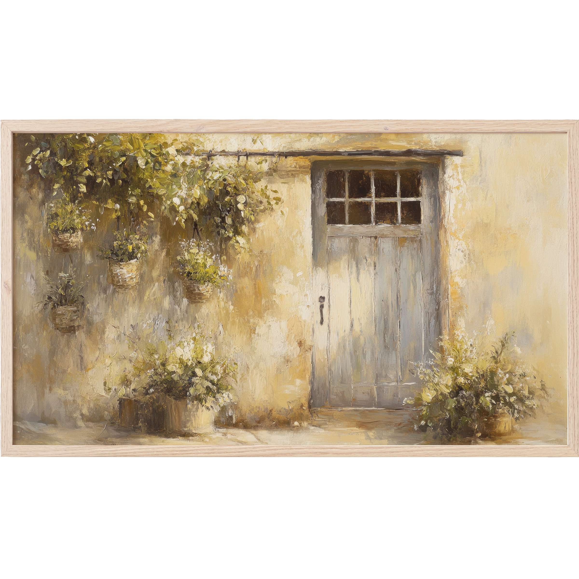 Farmhouse Frame TV Art featuring a serene rustic door with foliage in soft beige, gold, and muted green tones