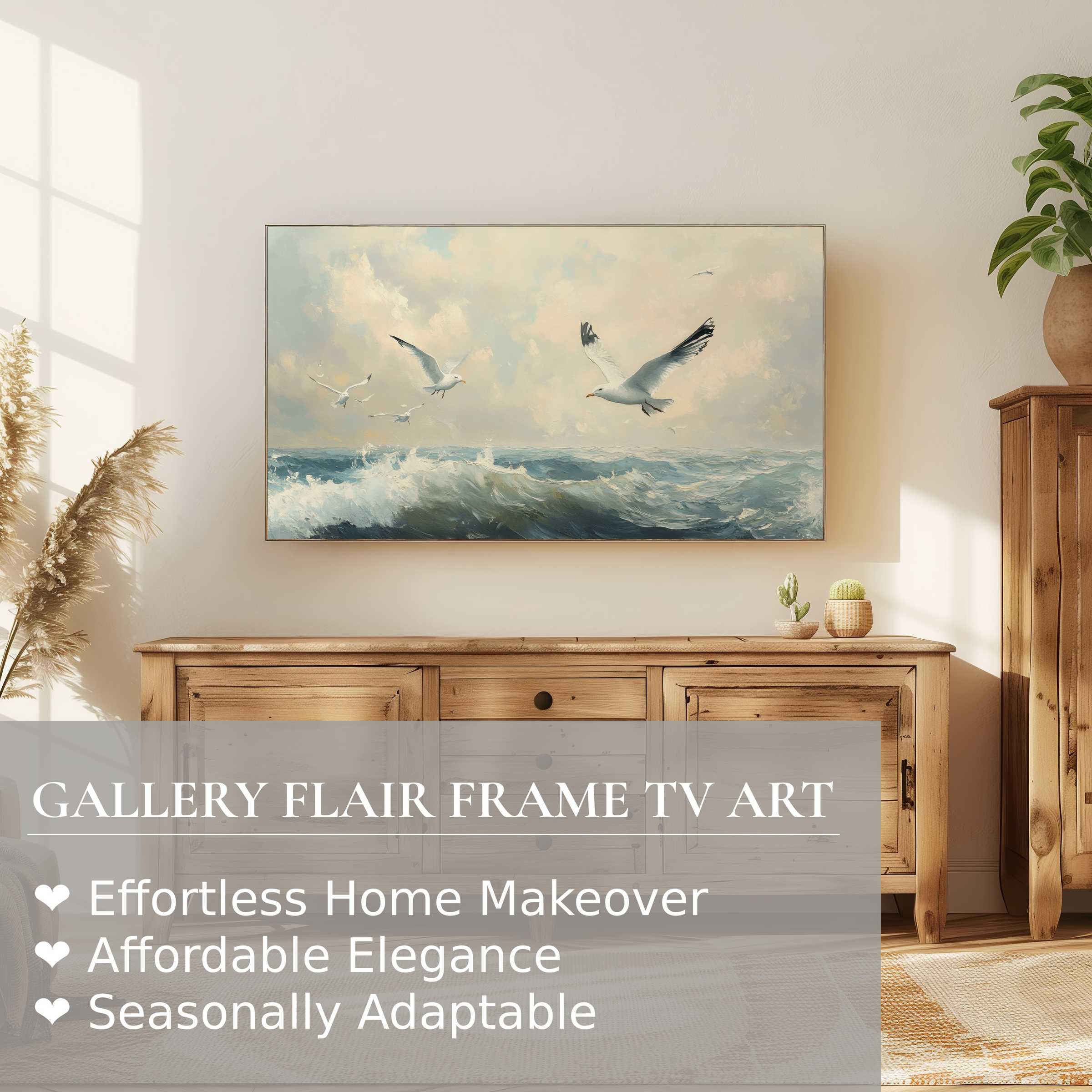 Modern coastal digital artwork of seagulls over waves displayed on Samsung Frame TV in a chic living space