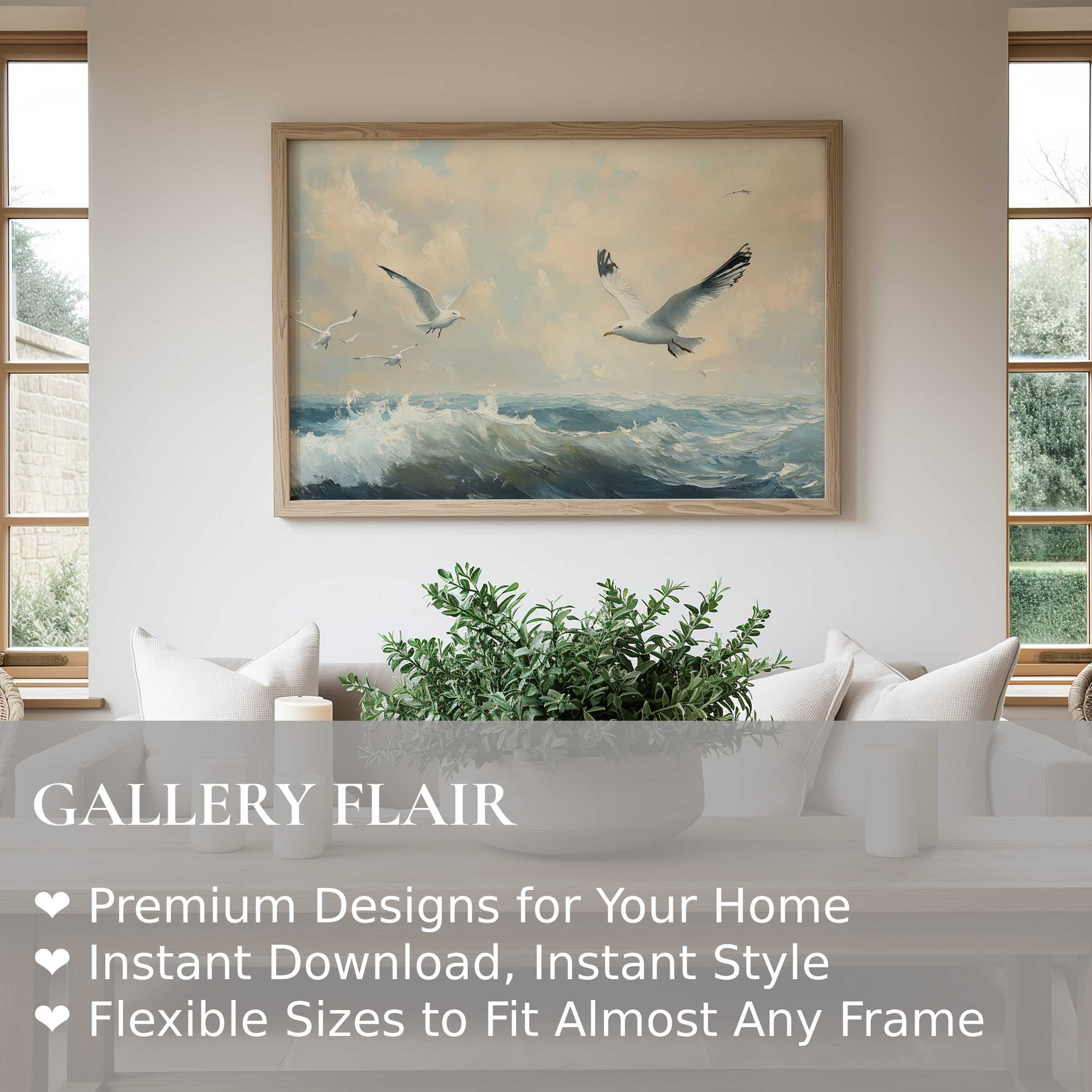 Coastal wall art print depicting soaring seagulls over serene waves, radiating calm in a modern, airy living room