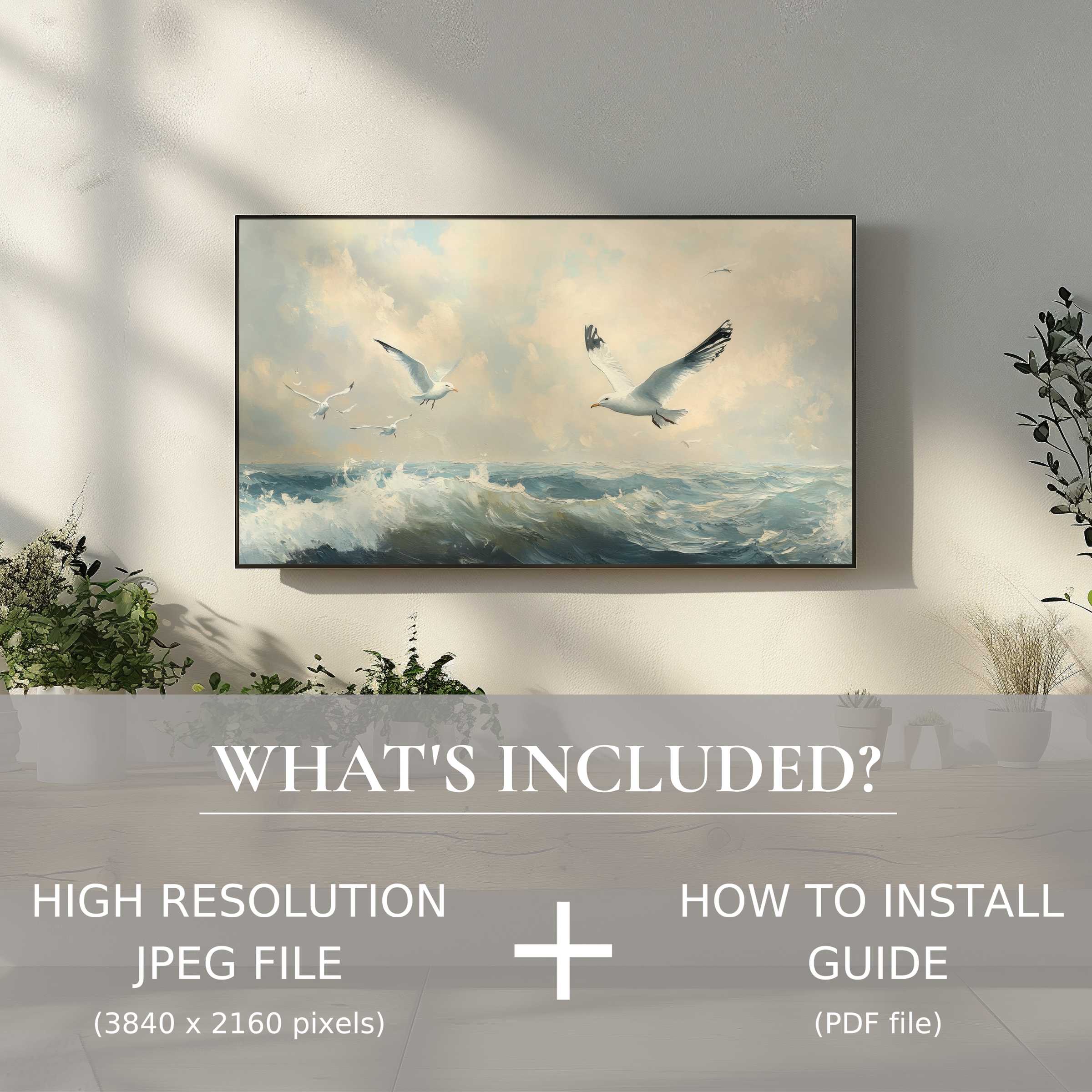 Elegant coastal digital TV art download with easy use, enhancing living spaces with serene seascapes and soaring birds