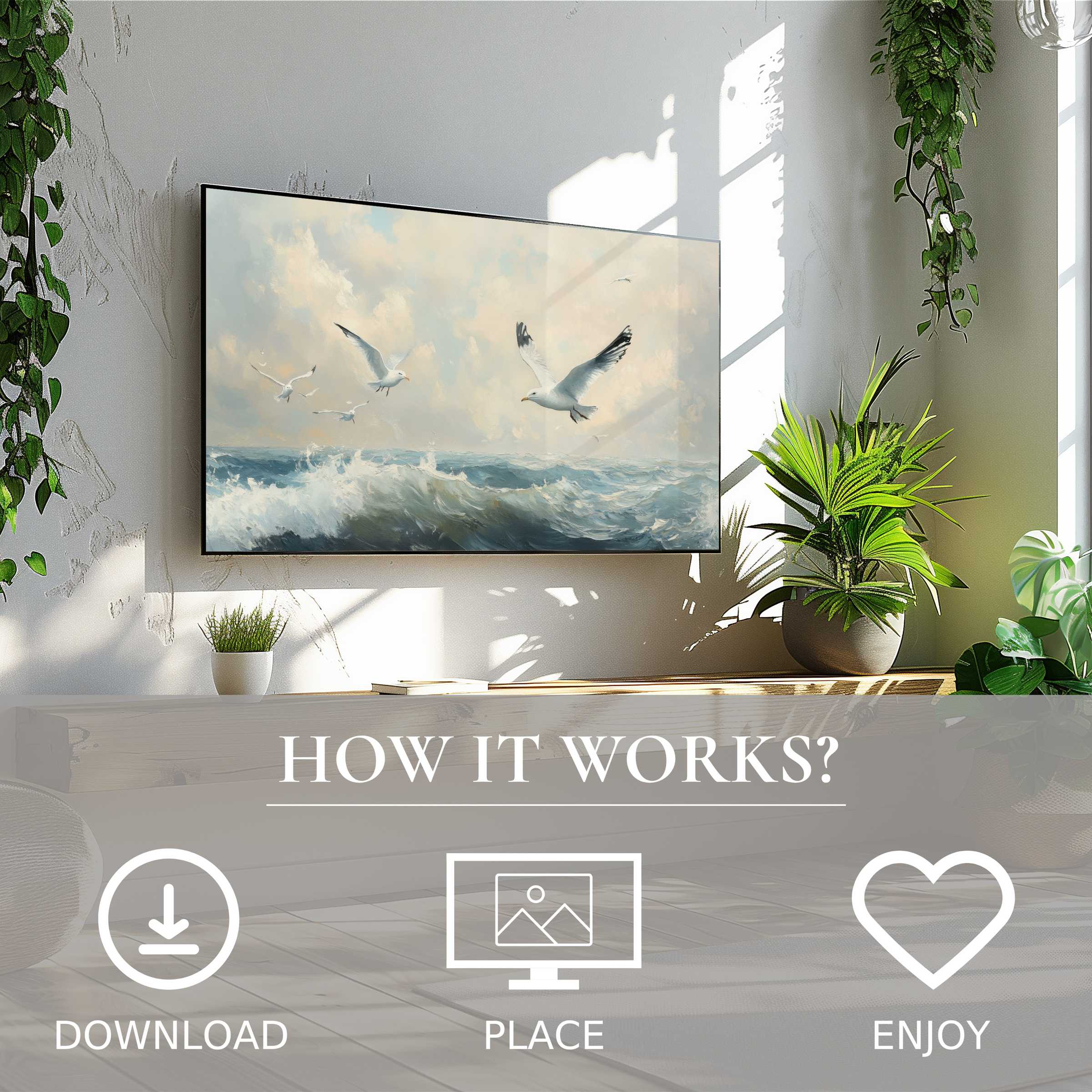 Coastal art for Samsung TV showing soft sunrise tones with seagulls, easy digital download enriching modern living spaces