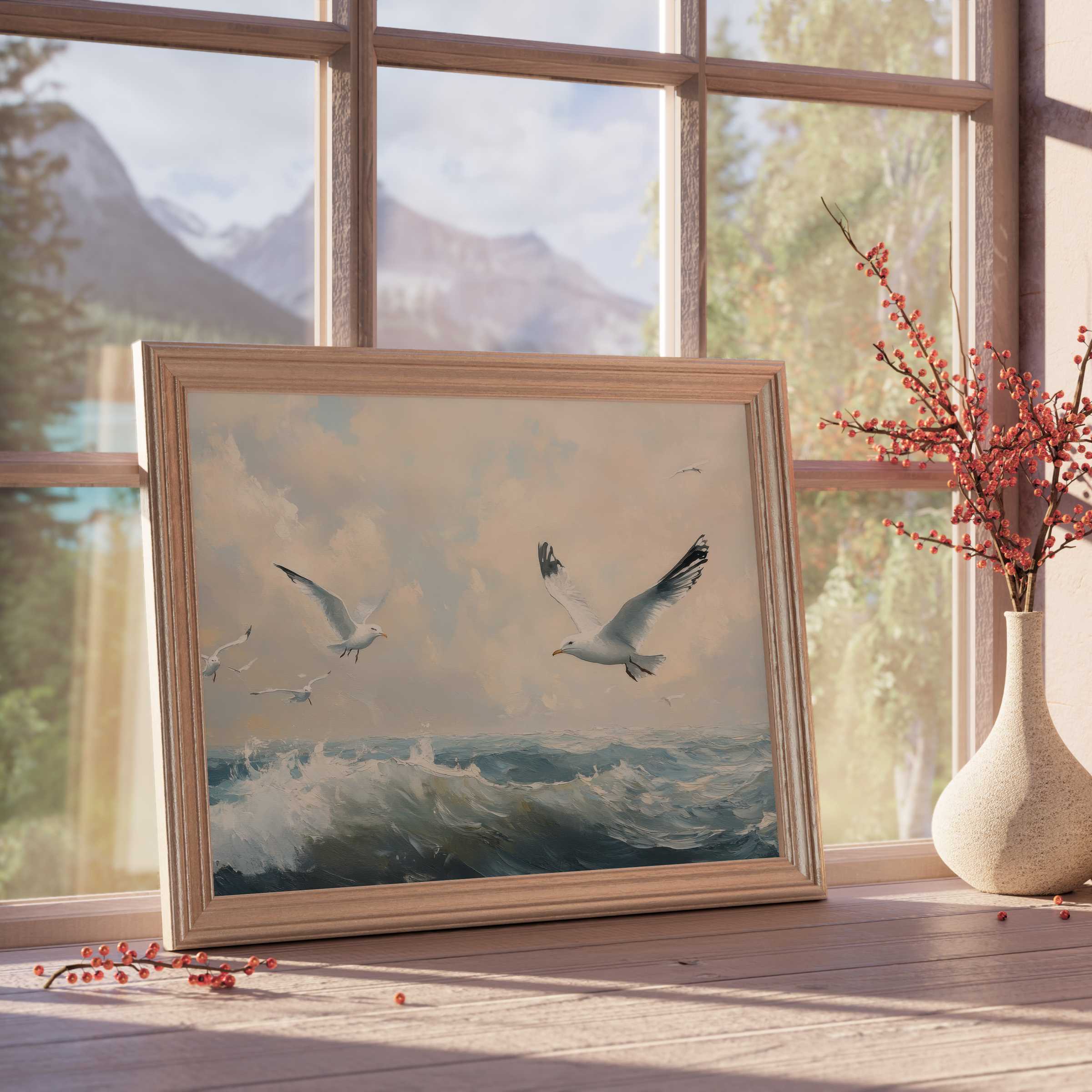 Coastal downloadable art capturing serene seagulls soaring over ocean waves, elevating tranquil, curated interiors with coastal charm