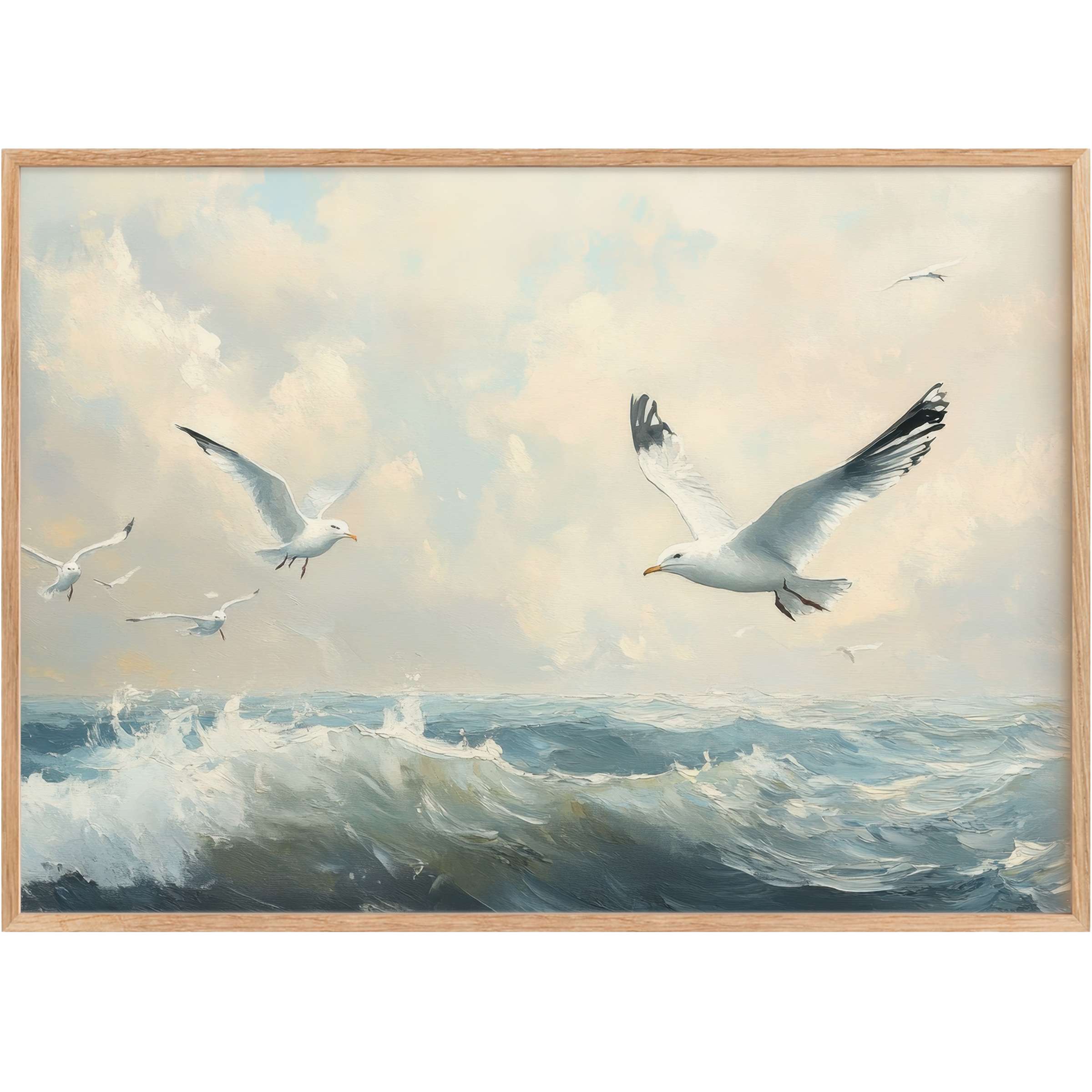 Coastal printable wall art capturing serene seagulls soaring over gentle blue-gray waves, evoking calming tranquility and coastal elegance