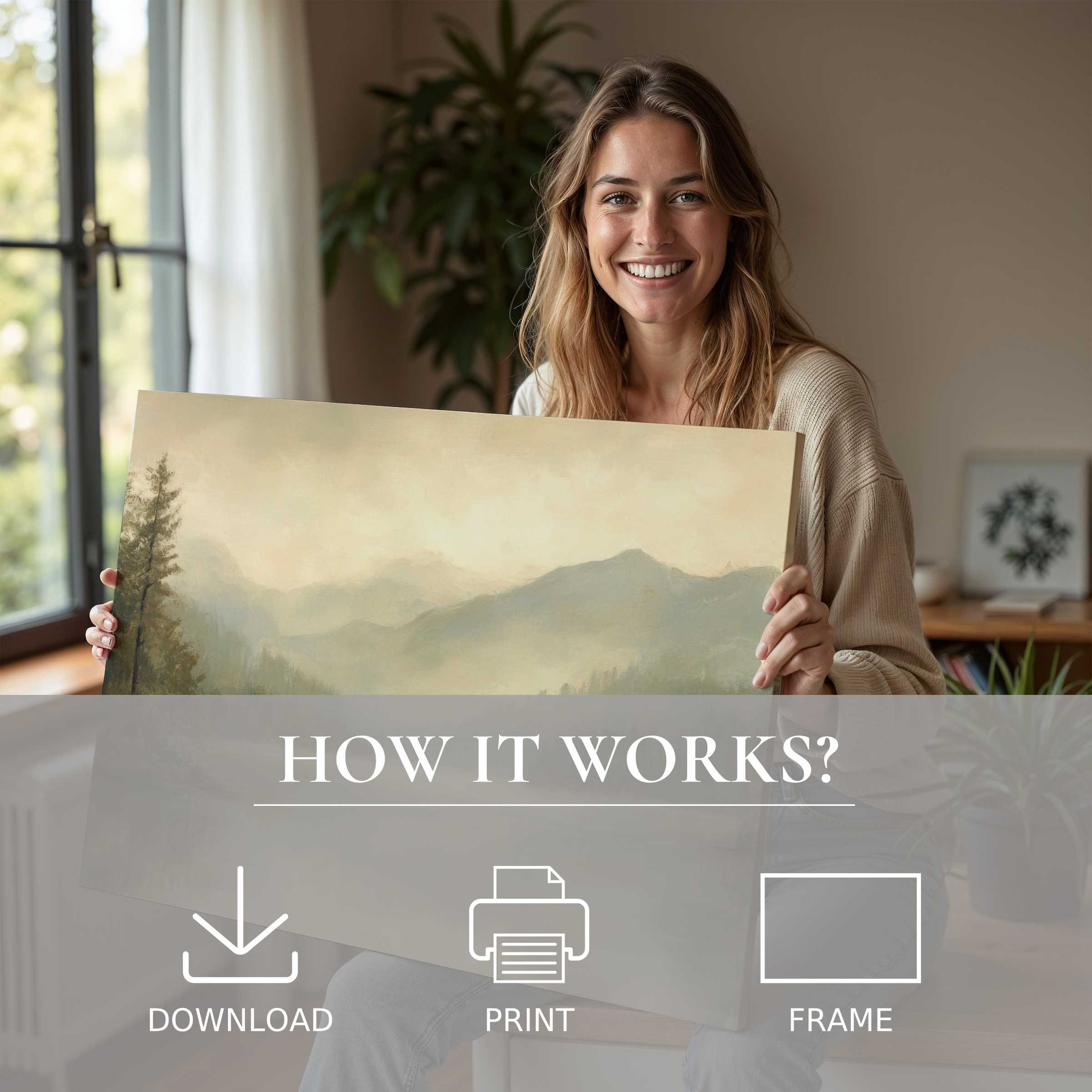 A joyful moment of connection with a serene landscape digital art print, elevating modern living with effortless elegance