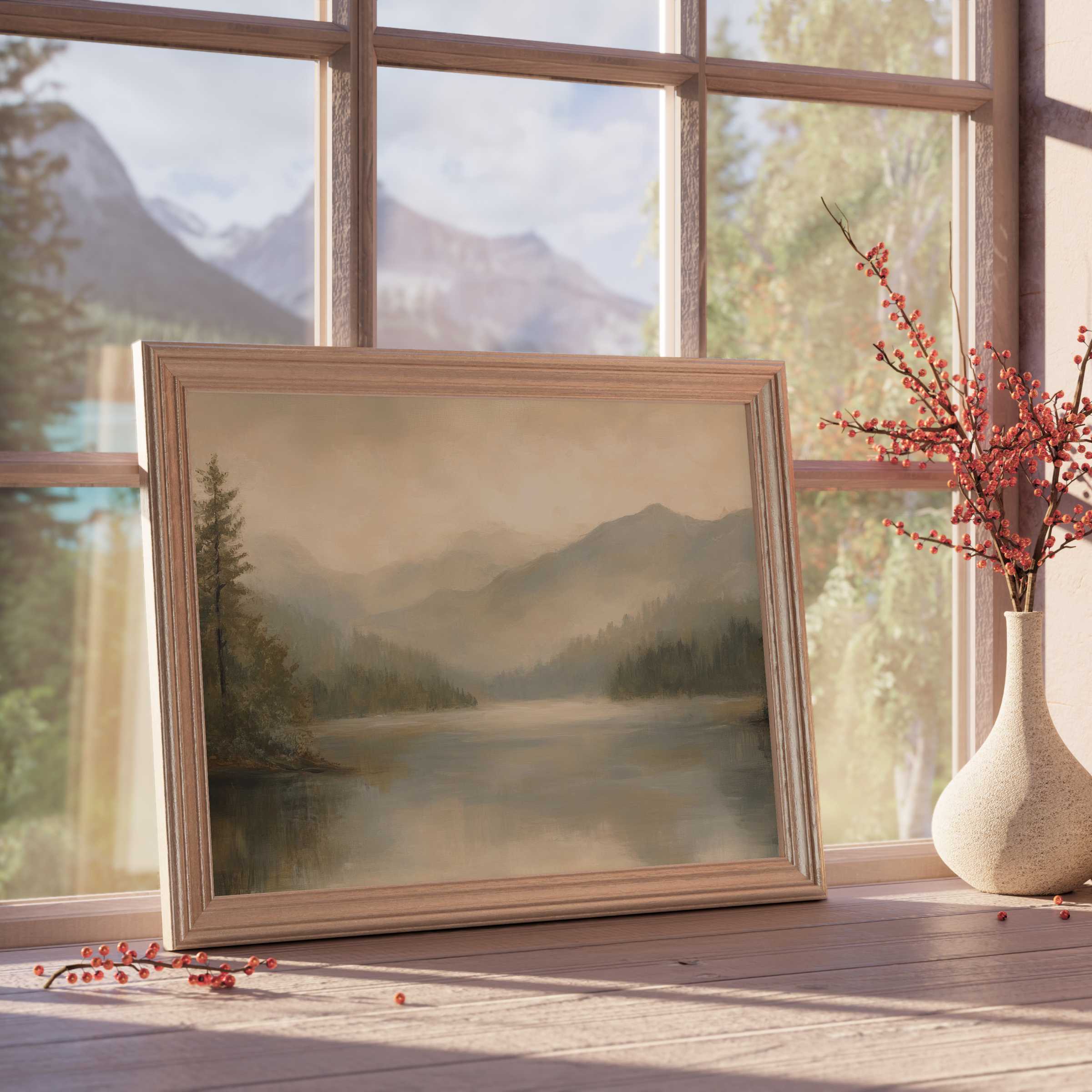 Serene landscape downloadable art in soft earth tones, infusing curated interiors with tranquil elegance and warm, nature-inspired calm