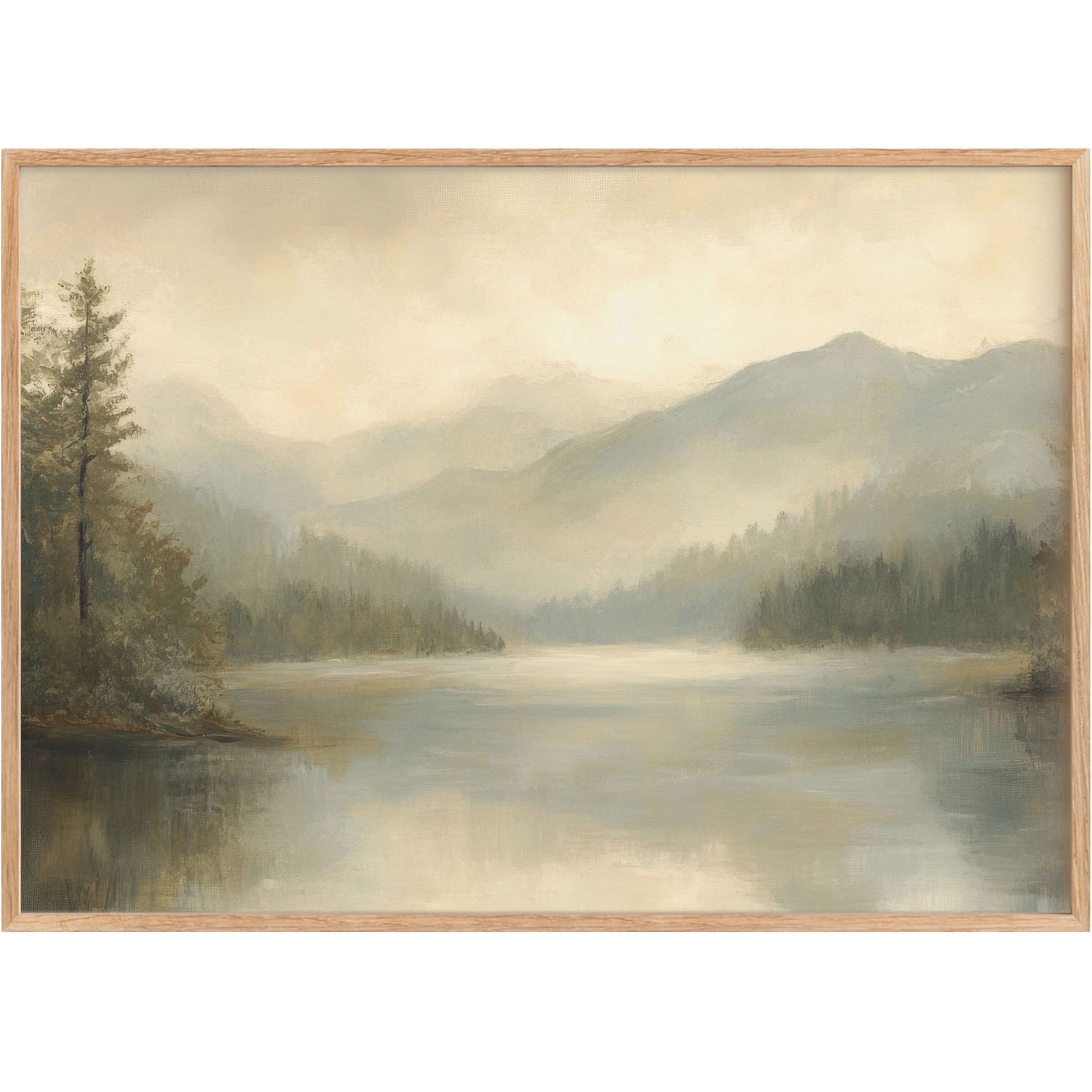 Serene landscape printable wall art, with soft greys and muted greens evoking calm misty mornings by tranquil lakes