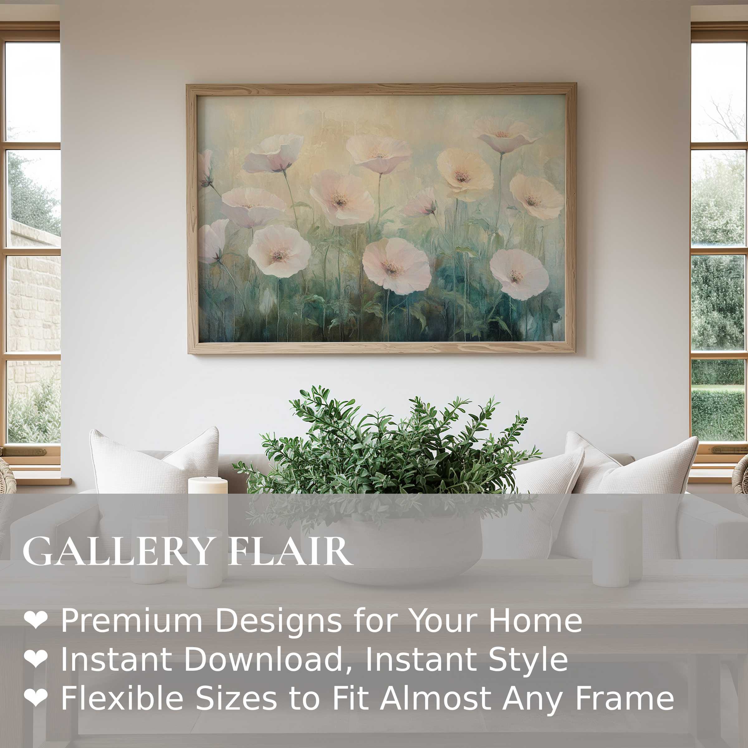 Soft, calming floral wall art print with pastel blooms enhances modern neutral interiors, adding serene elegance and refined botanical charm