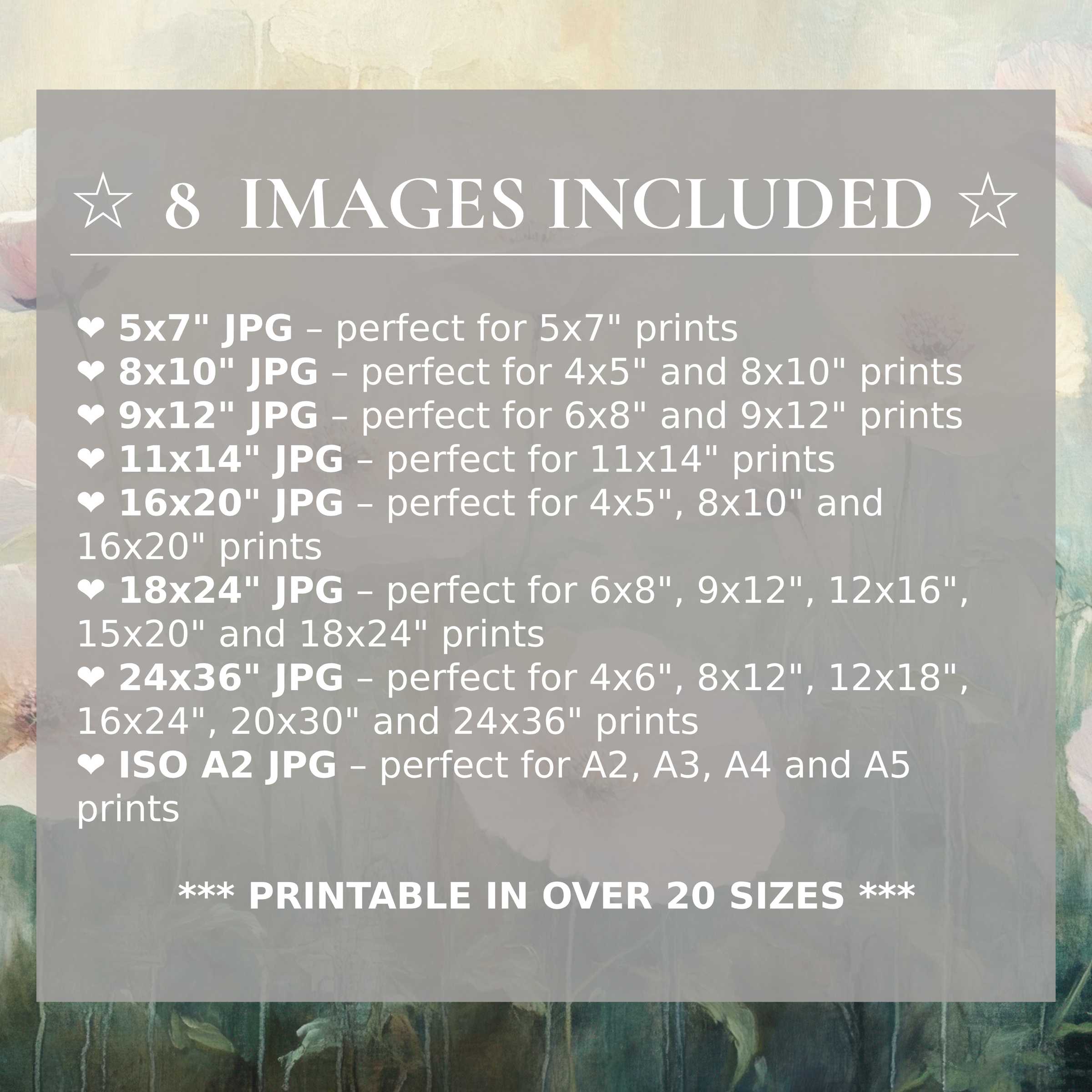 Radiant floral digital print in soft pastels and muted greens, offered in 8 high-quality sizes to elevate modern interiors with timeless elegance and versatile style