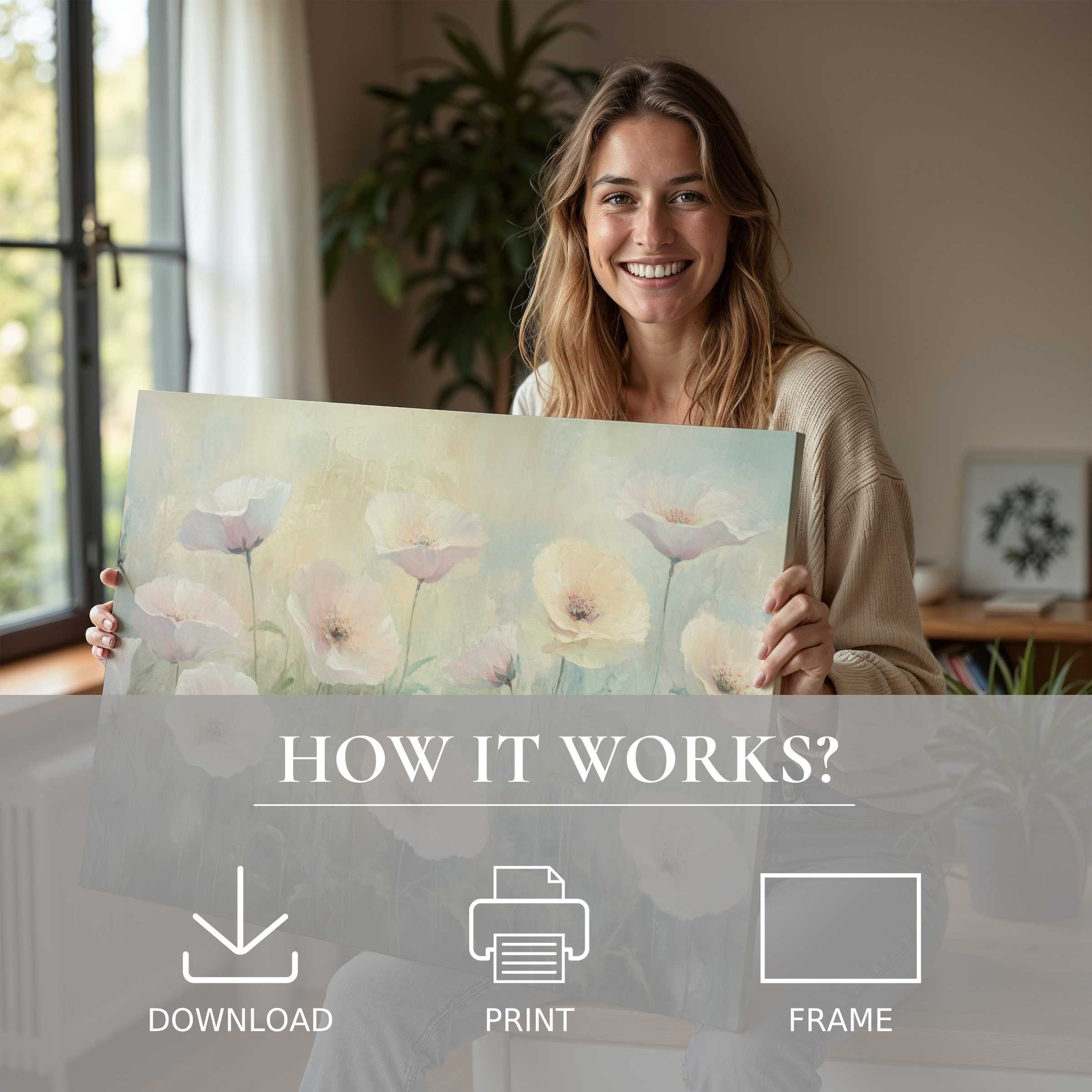A woman radiates joy as she gently embraces a floral digital art print, embodying the effortless elegance of living with timeless art