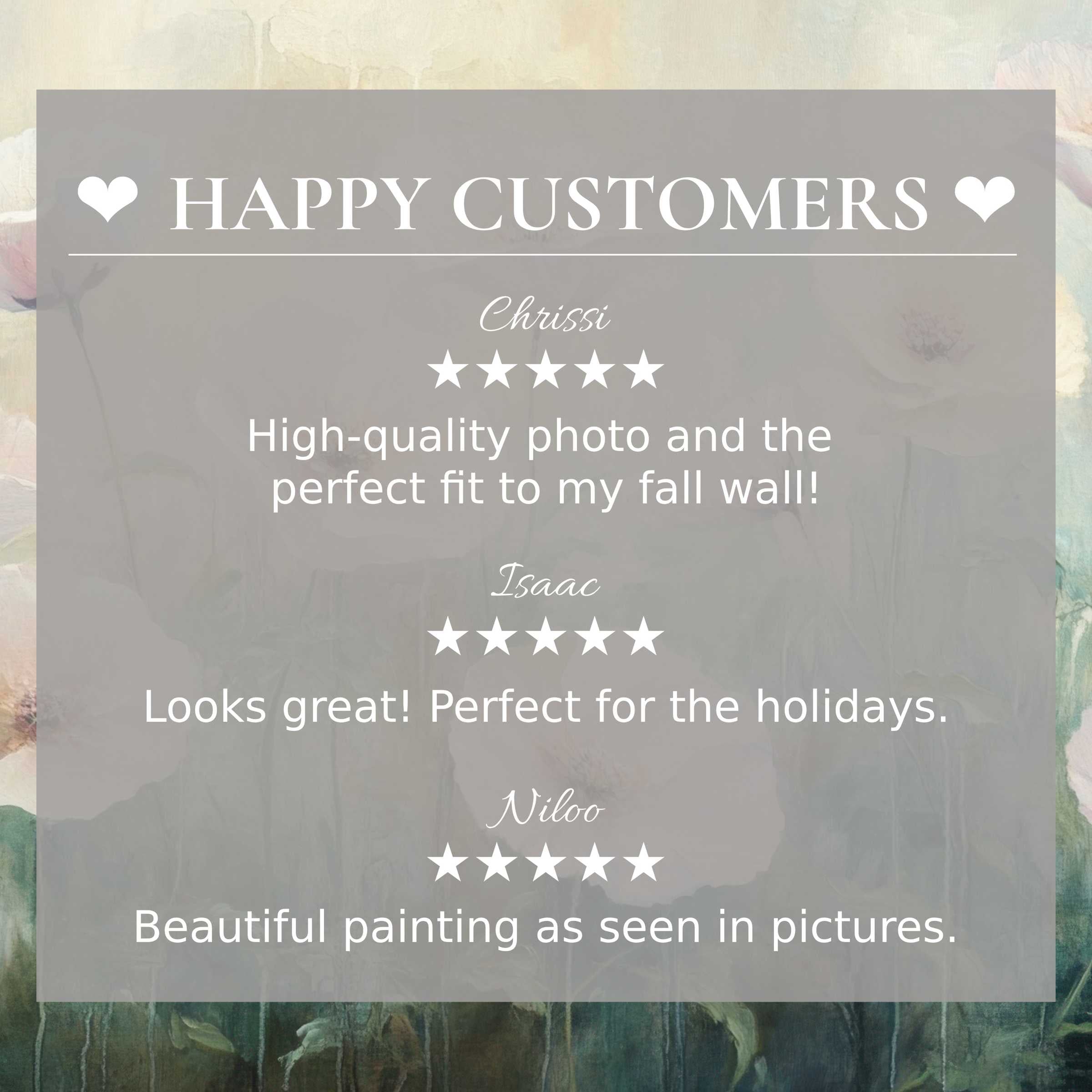 Floral art for Frame TV with abstract sunset hues, showcasing happy customer reviews and elegant, trustworthy design
