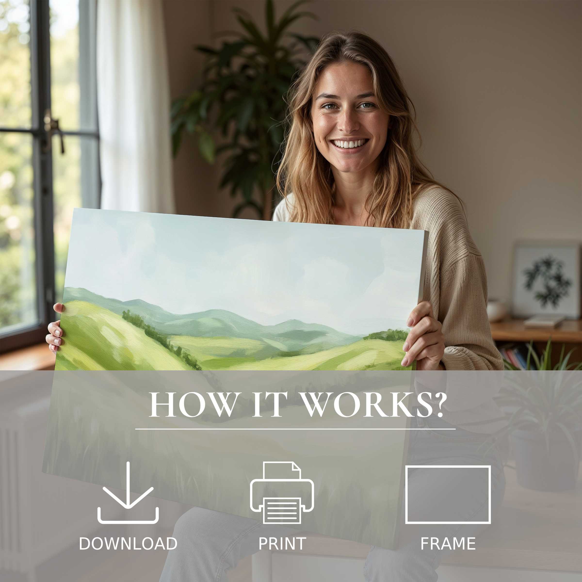 Elegant summer digital art print brings tranquil green hills into a modern home, inspiring joy and effortless style