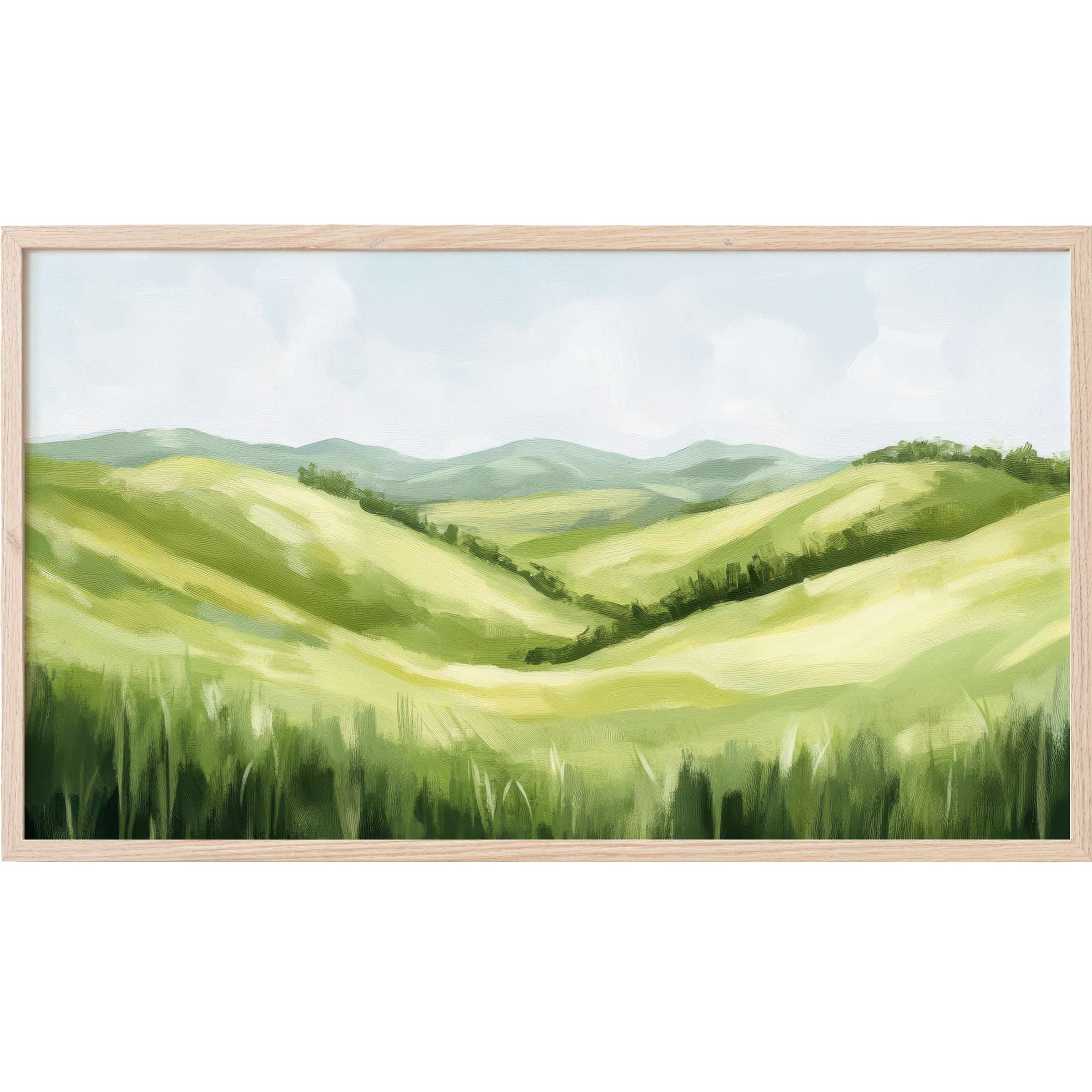 Serene green hills under soft blue sky in painterly strokes, a refined summer Frame TV Art for elegant spaces