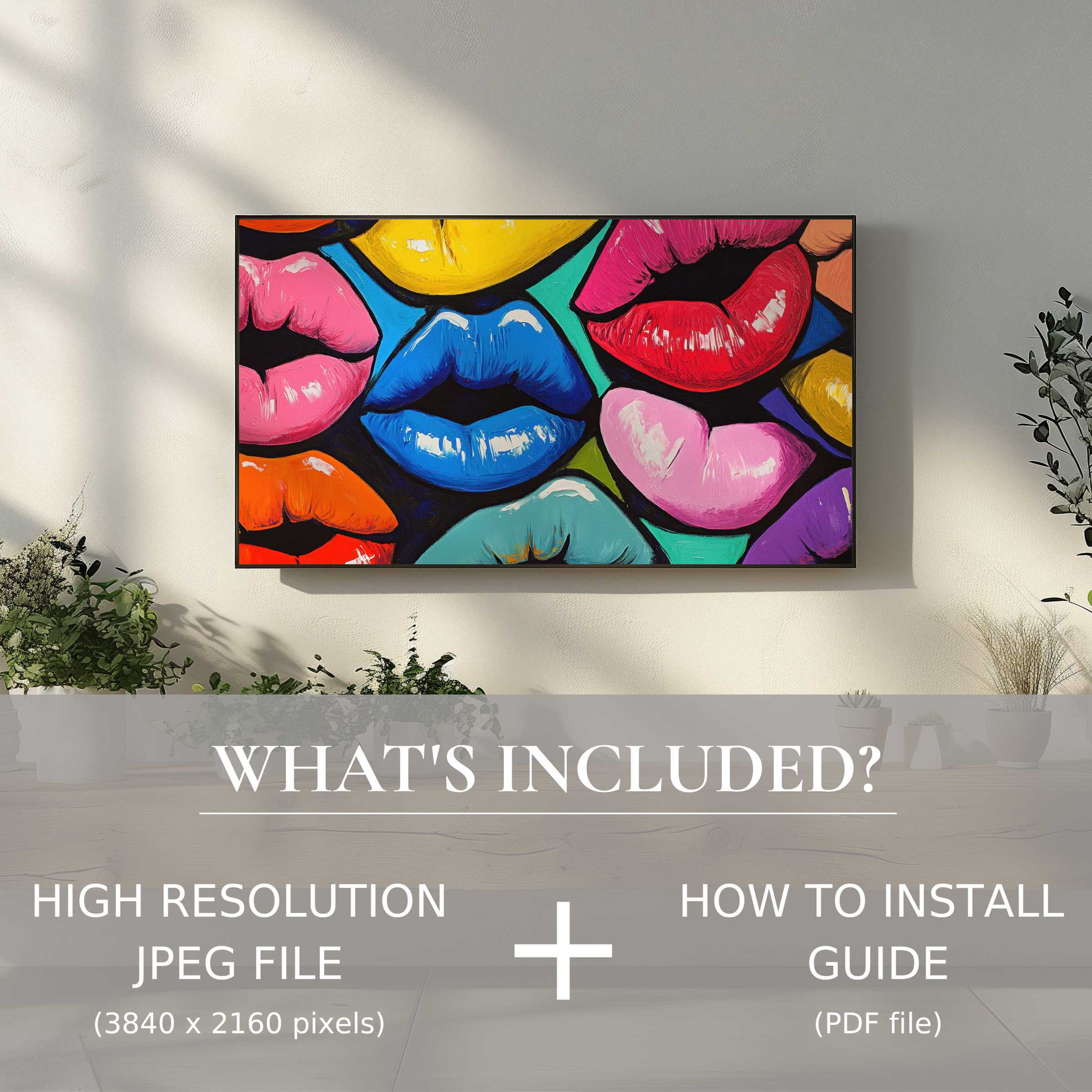 Pop art digital TV art download: vibrant lips enhance living space with easy digital use, perfect for modern home decor