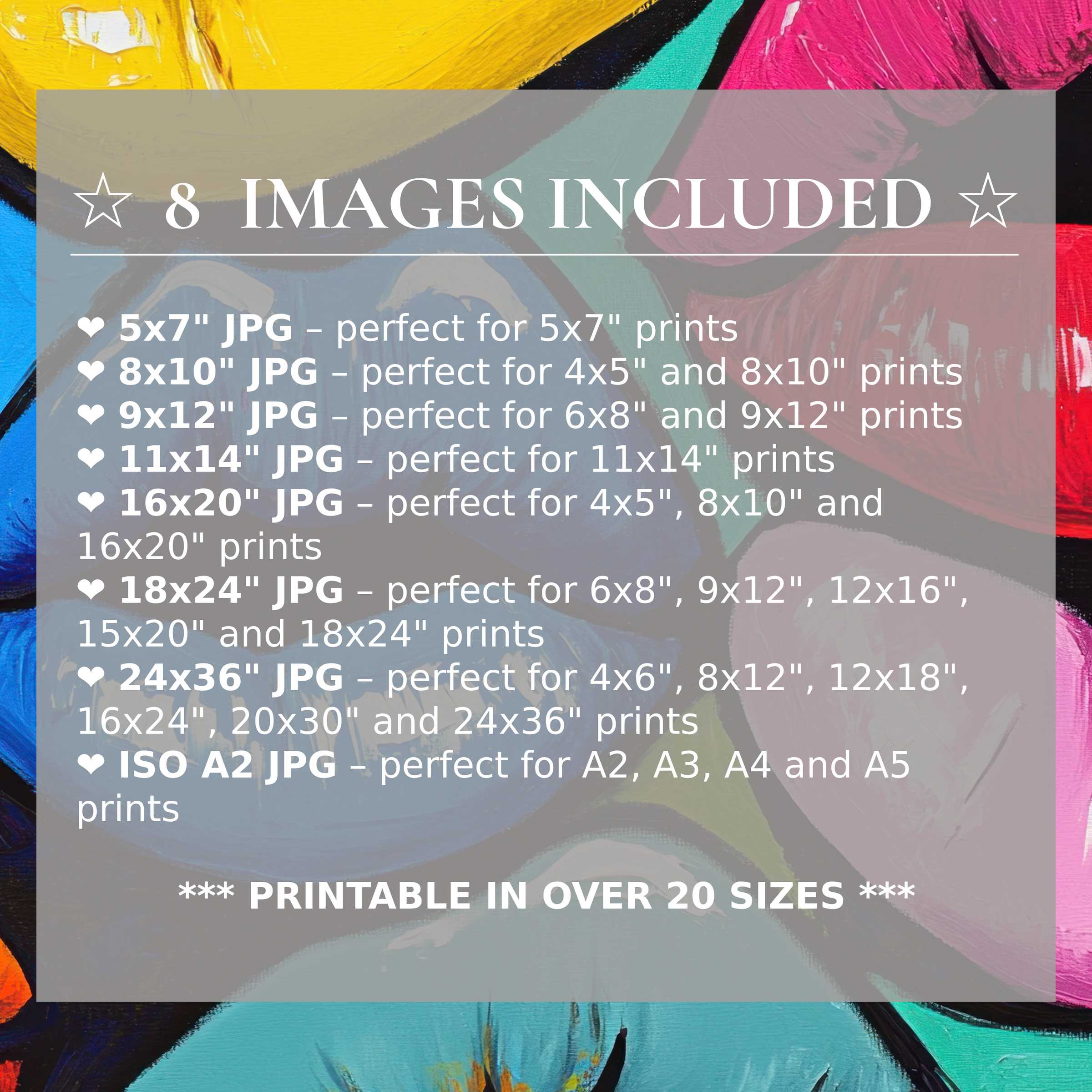 Pop art digital print radiates bold yellows, pinks, and blues, enhancing modern interiors with vibrant elegance Includes 8 high-quality sizes
