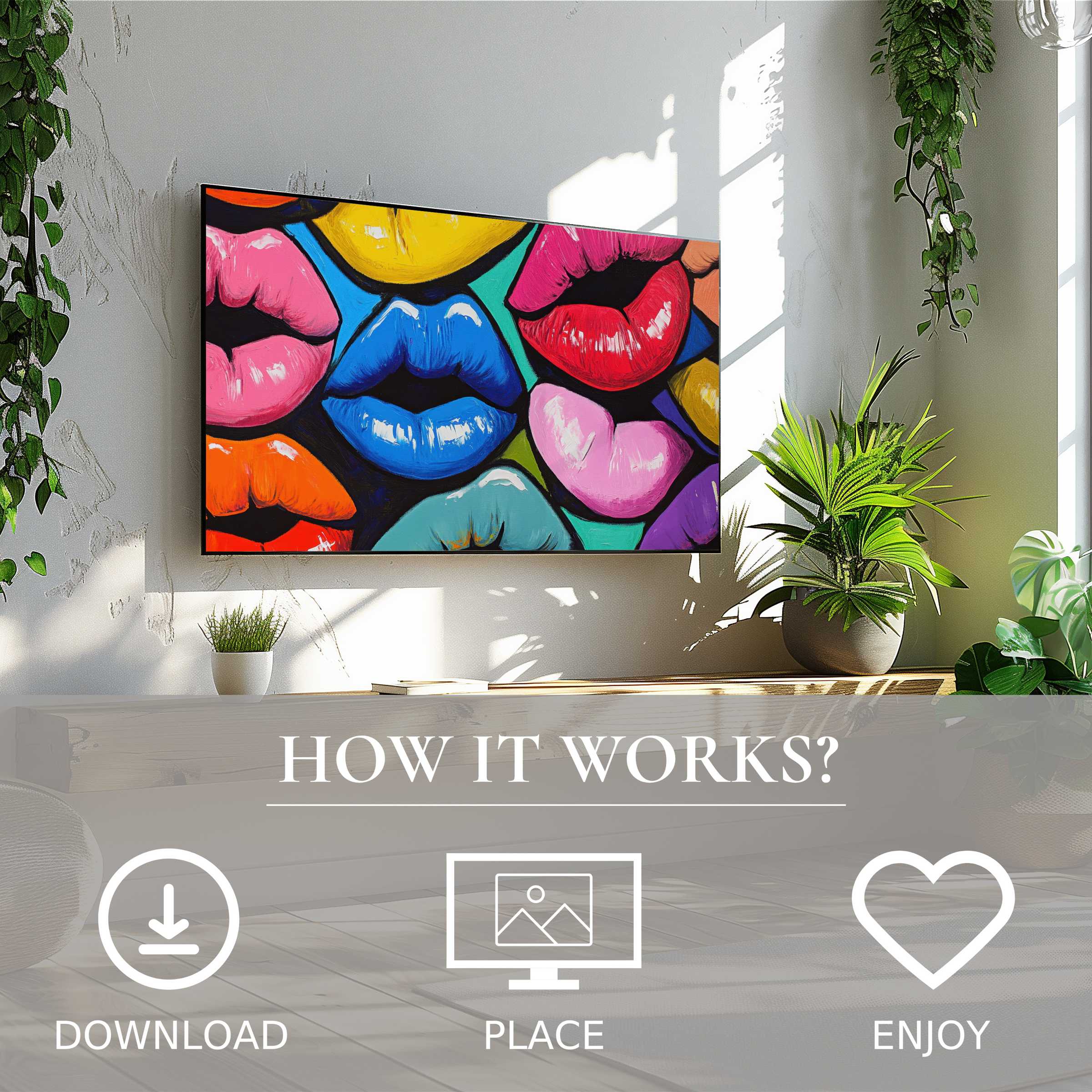Pop art art for Samsung TV with vibrant lip color flow, easy digital download enriches stylish living spaces