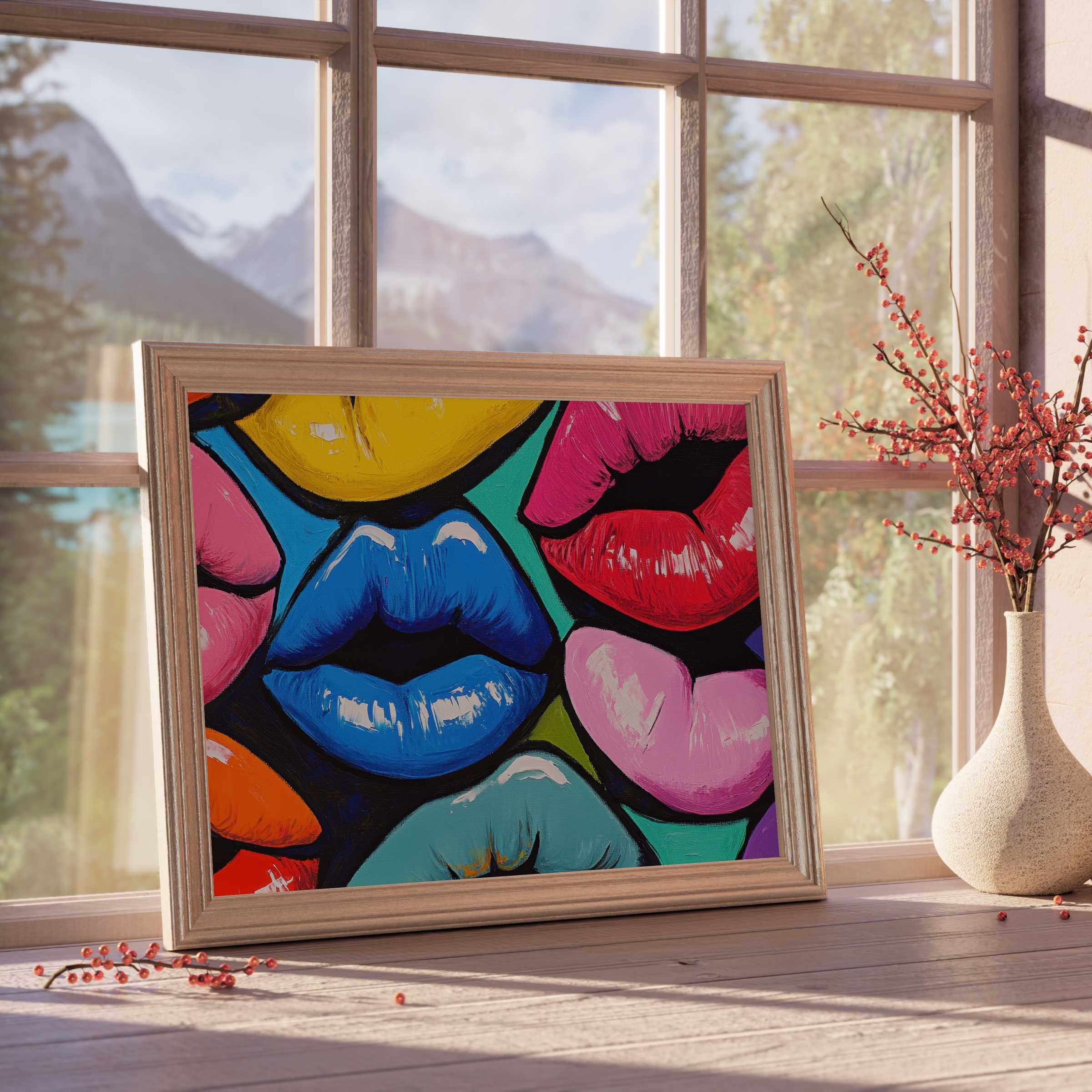 Vibrant pop art downloadable art featuring bold, multicolored lips energizing curated interiors with playful charm and modern flair