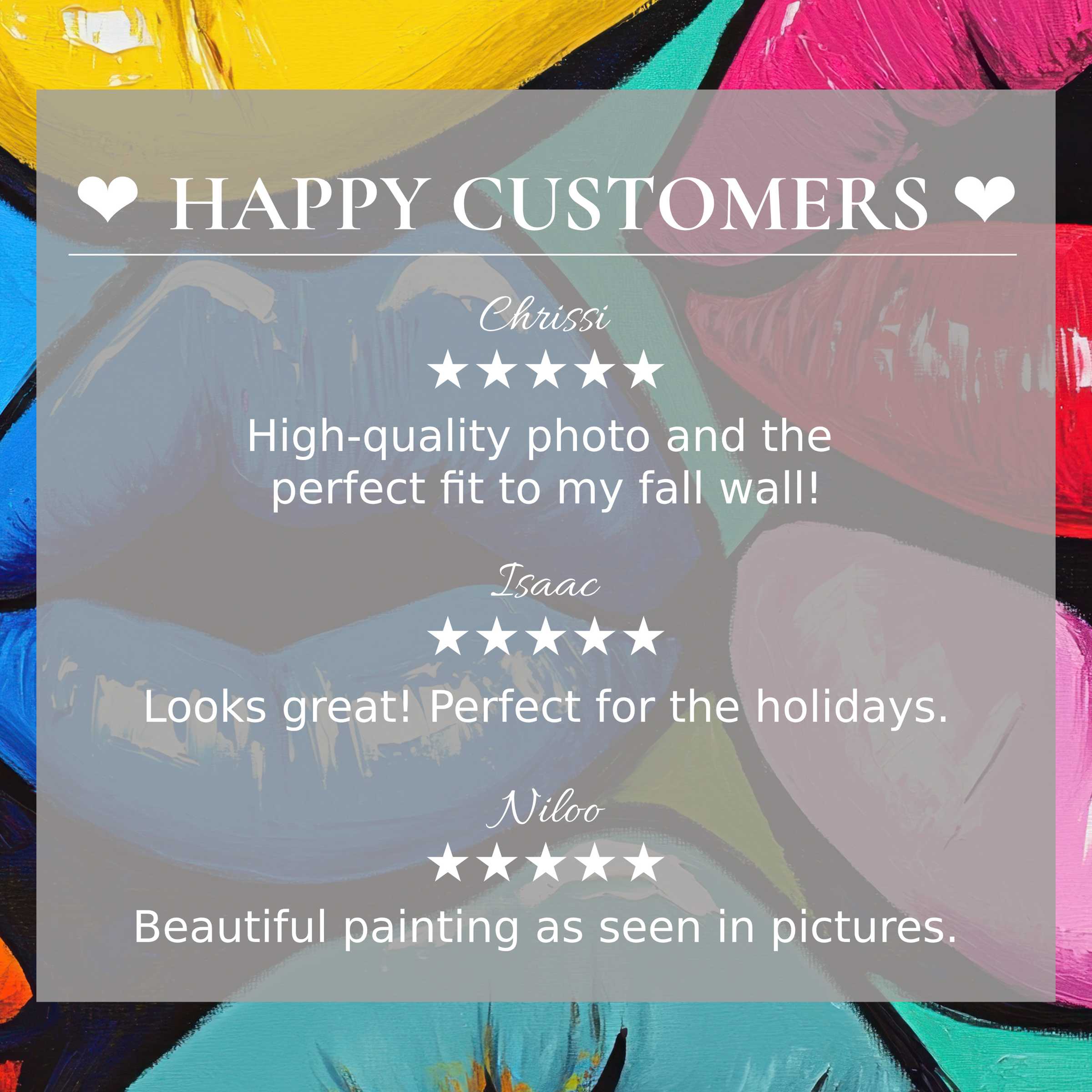 Pop art for Frame TV with vibrant abstract colors, showcasing happy customer reviews and elegant, trustworthy design