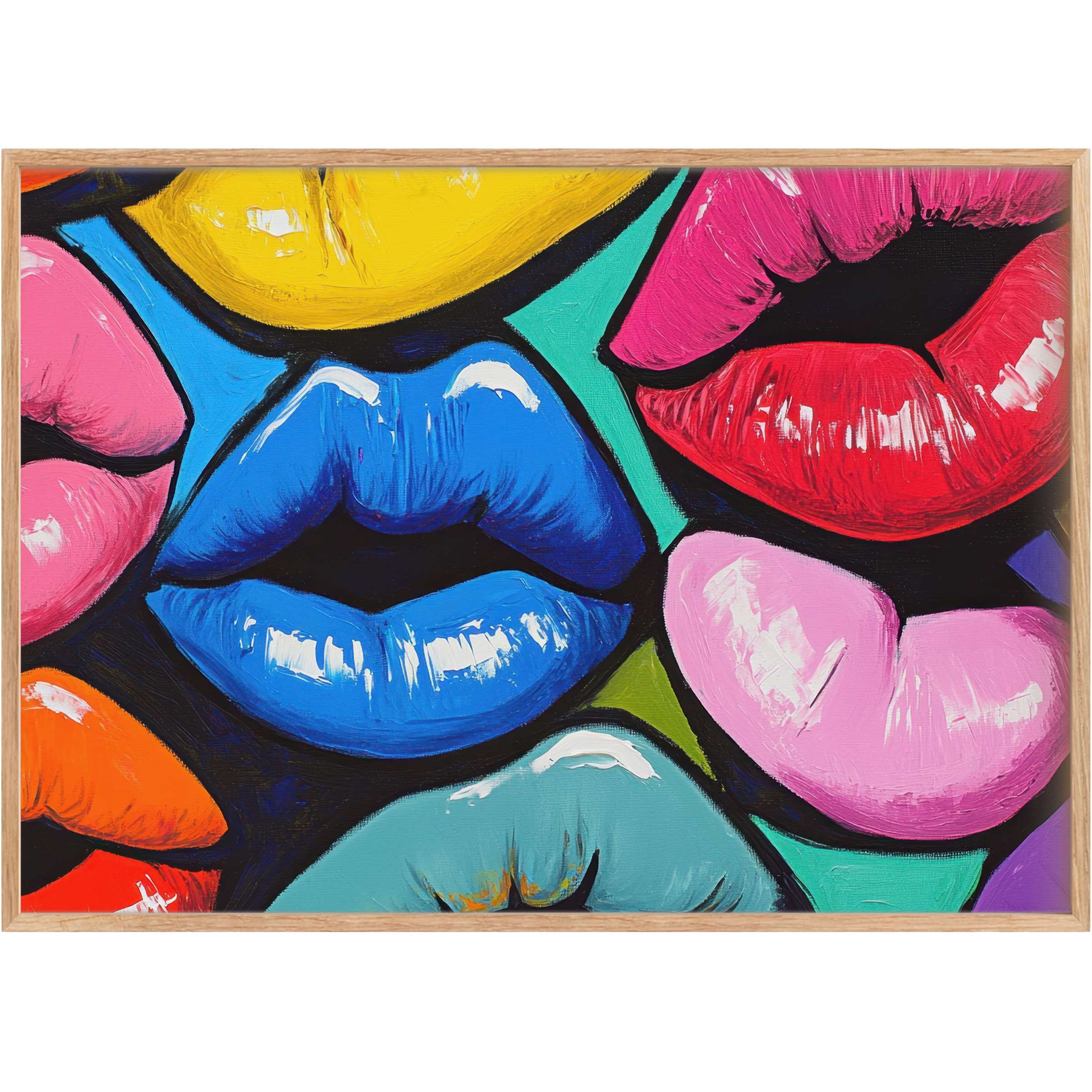 Vibrant pop art printable wall art featuring glossy lips in bold reds, blues, and pinks, radiating playful, dynamic energy
