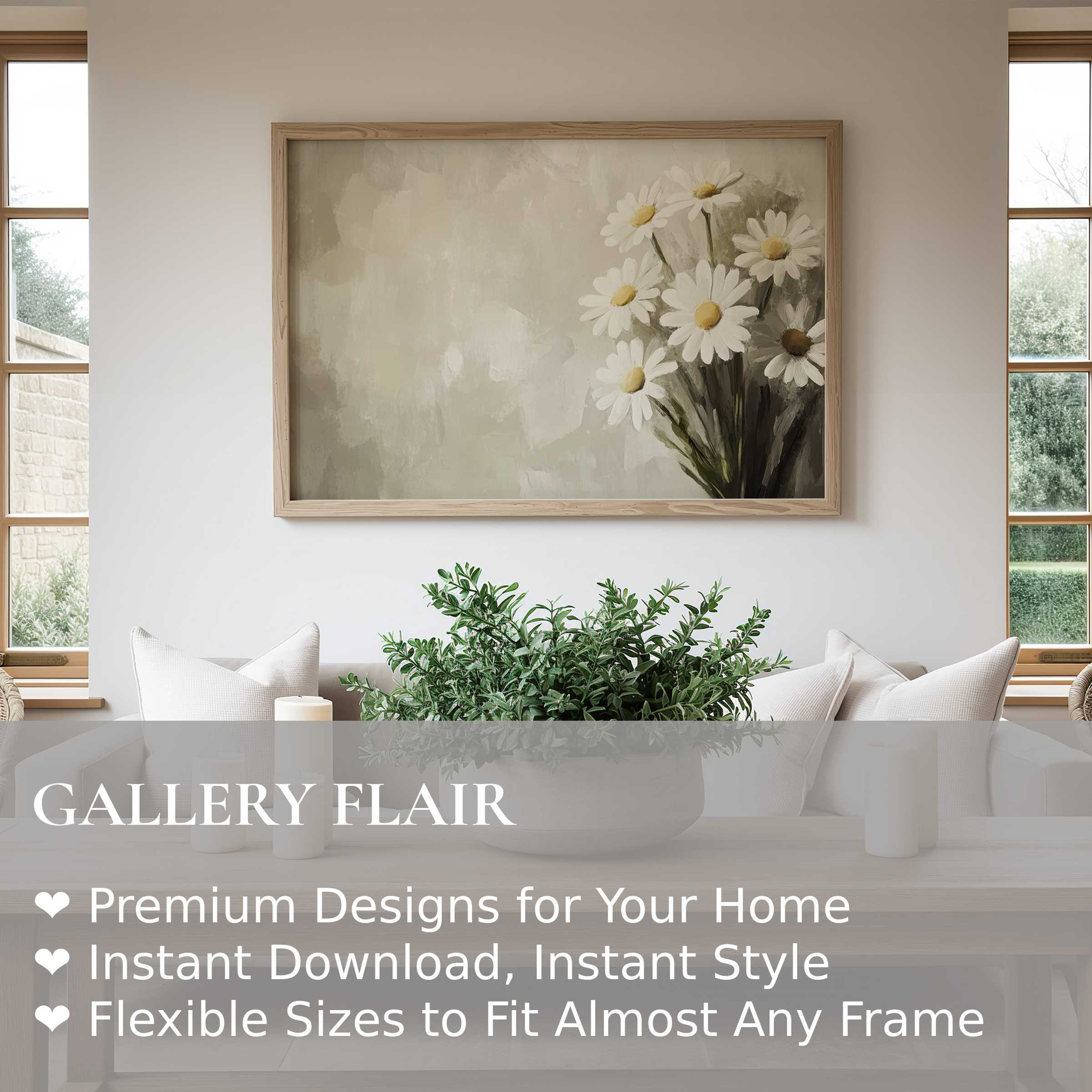 Elegant spring wall art print of soft daisies exudes calming warmth, enhancing a modern minimalist living room’s serene ambiance