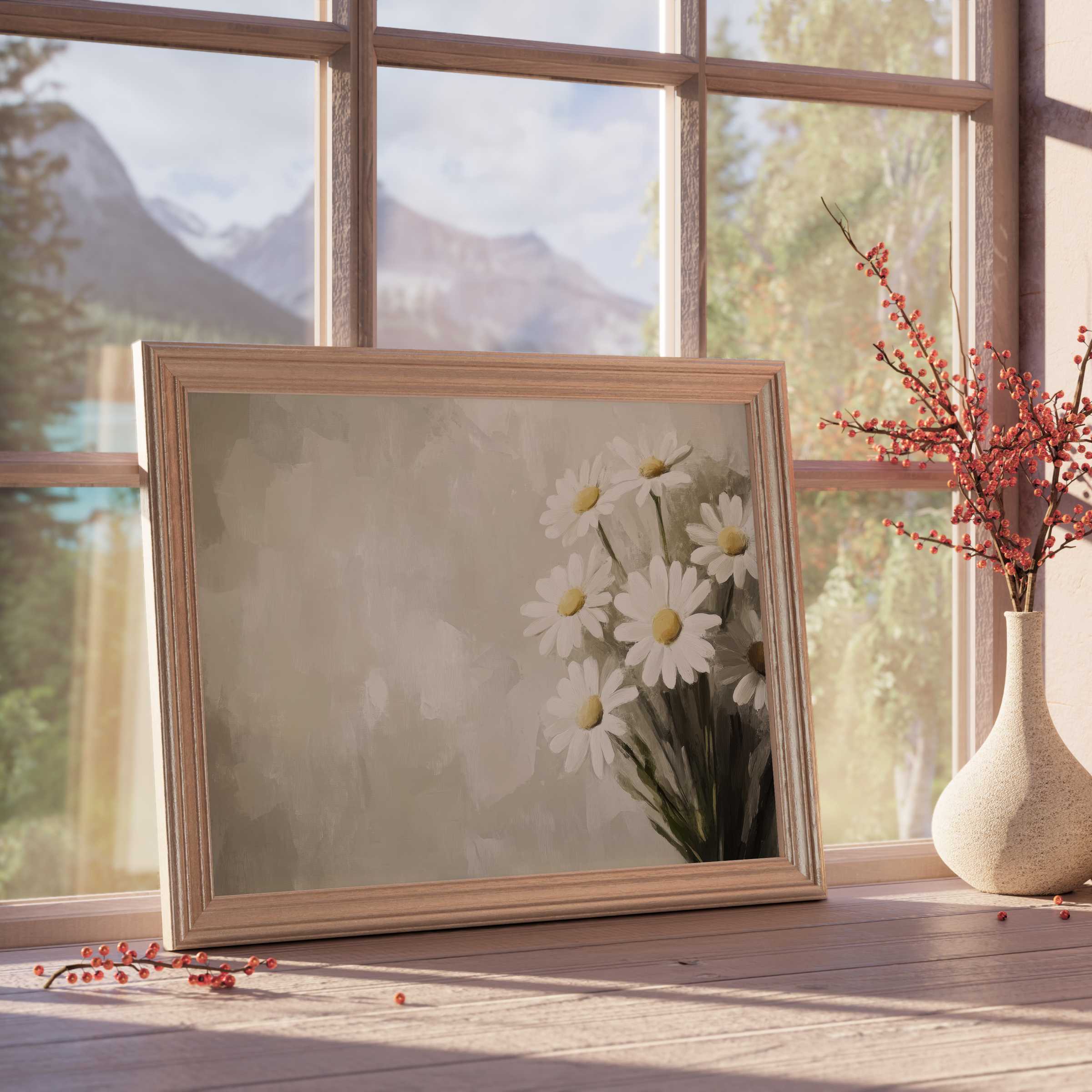 Elegant spring downloadable art featuring delicate daisies in soft light, enriching chic interiors with calm, curated natural beauty