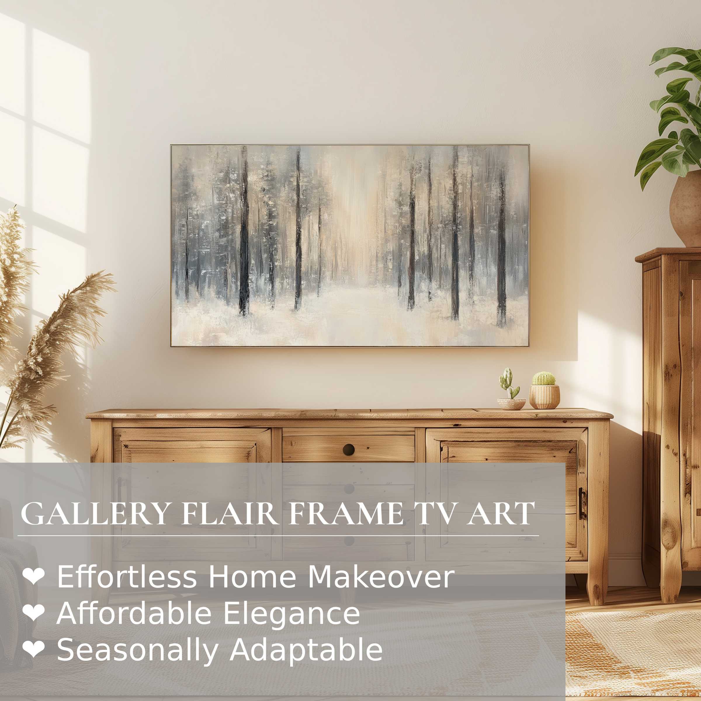 Sophisticated winter digital artwork on Samsung Frame TV, blending soft neutrals in a serene woodland setting
