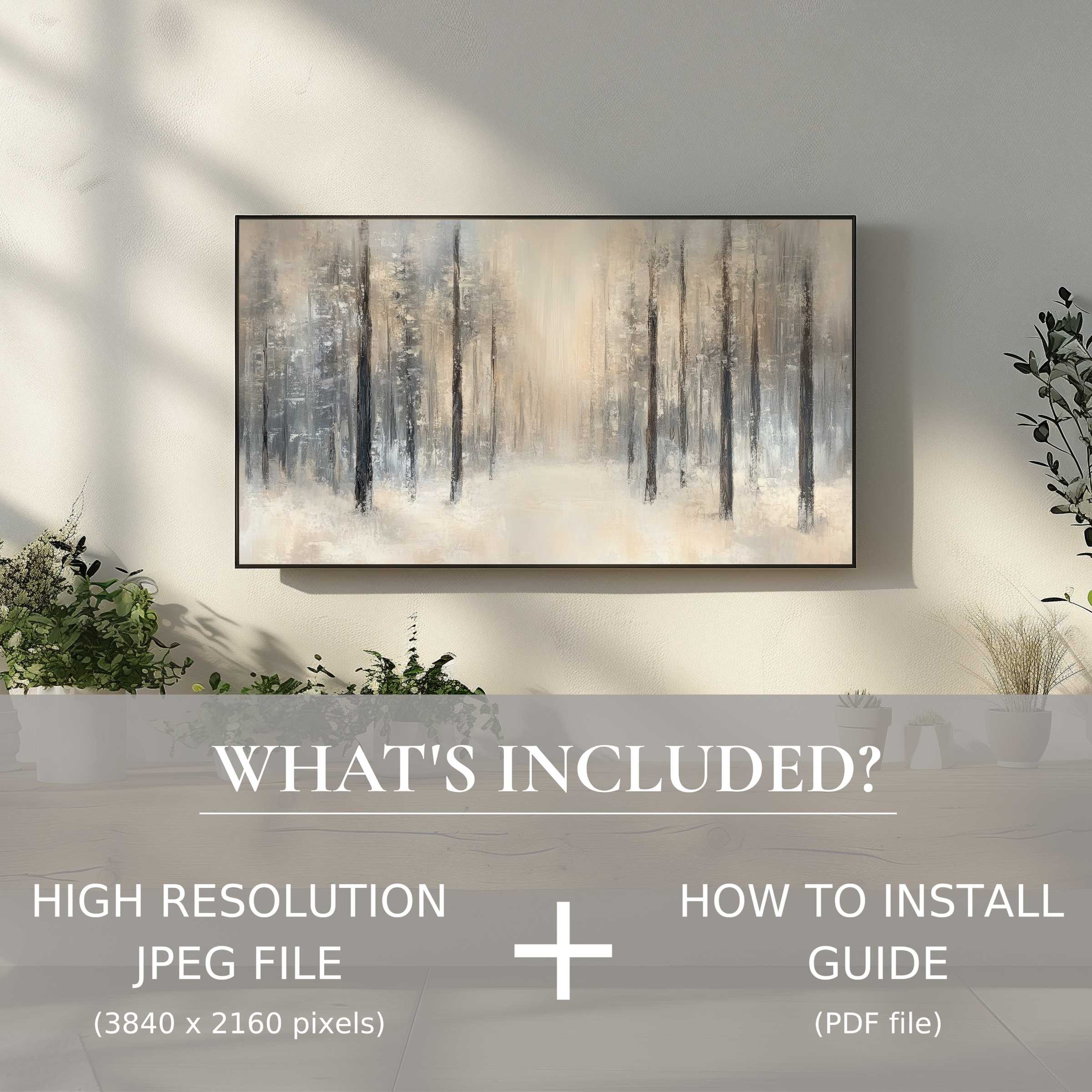 Elegant winter digital TV art download enhances serene living spaces with easy digital use and high-res installation guide