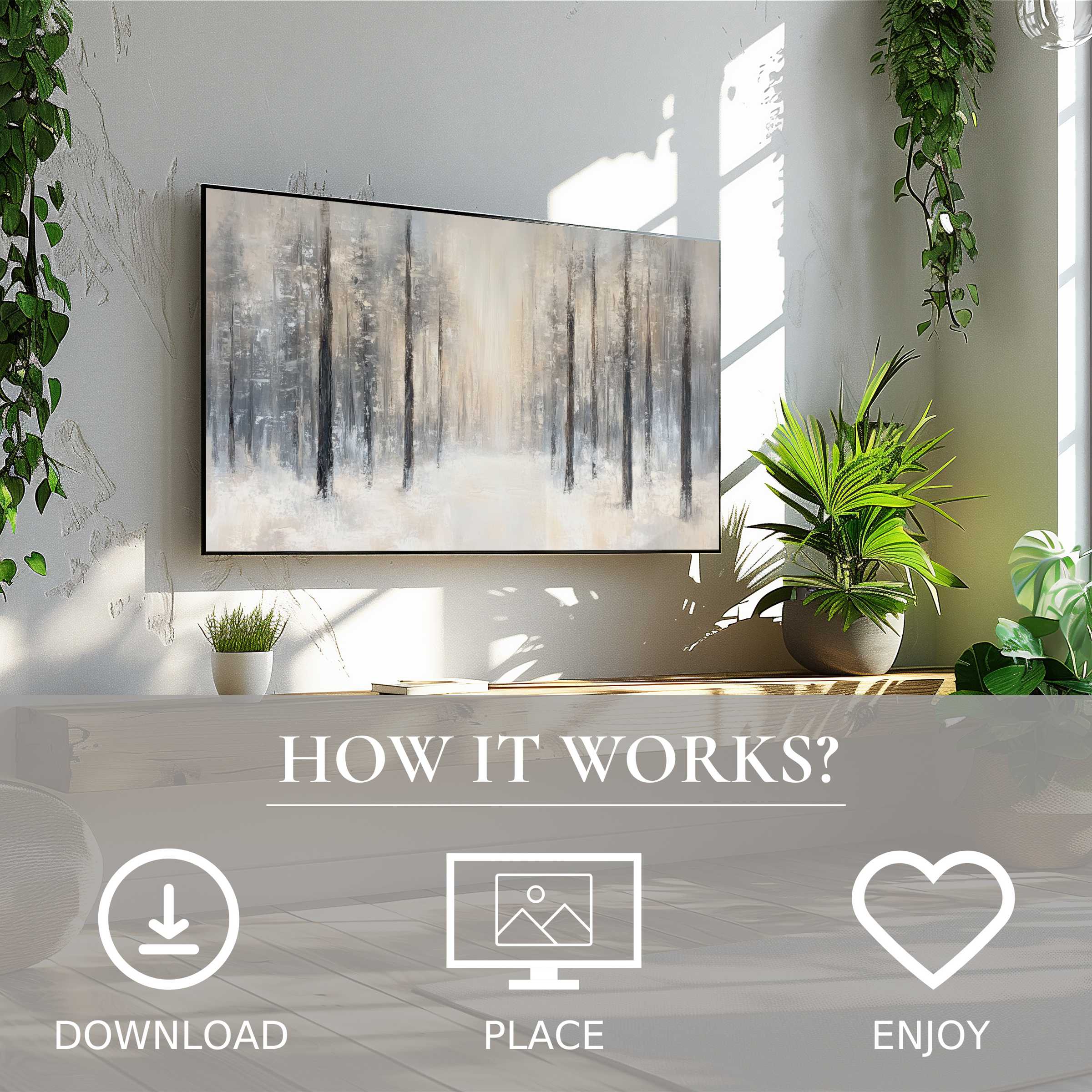 Winter art for Samsung TV shows soft snowy forest tones; easy digital download enriches modern living spaces