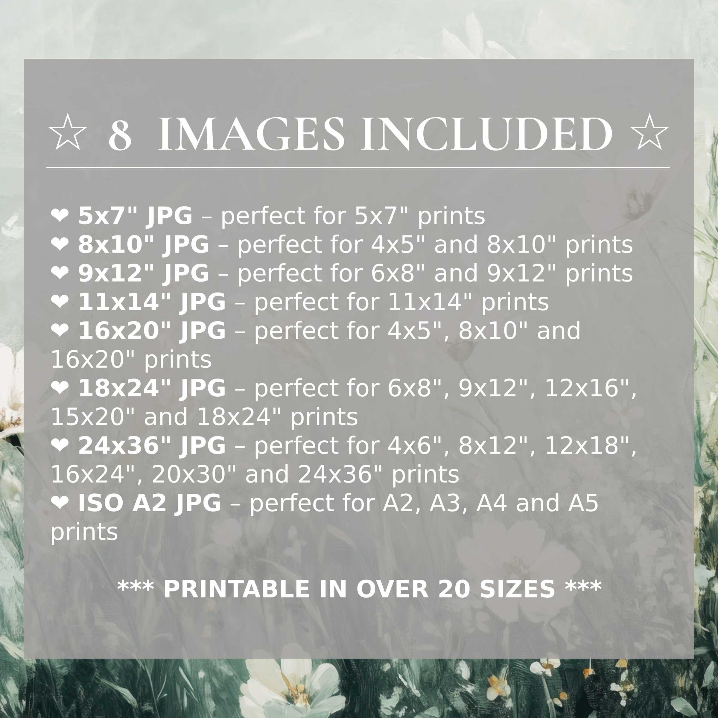 Boho digital print with soft white florals and muted green tones radiates calming elegance, offered in 8 high-quality sizes to elevate modern interiors with versatile style