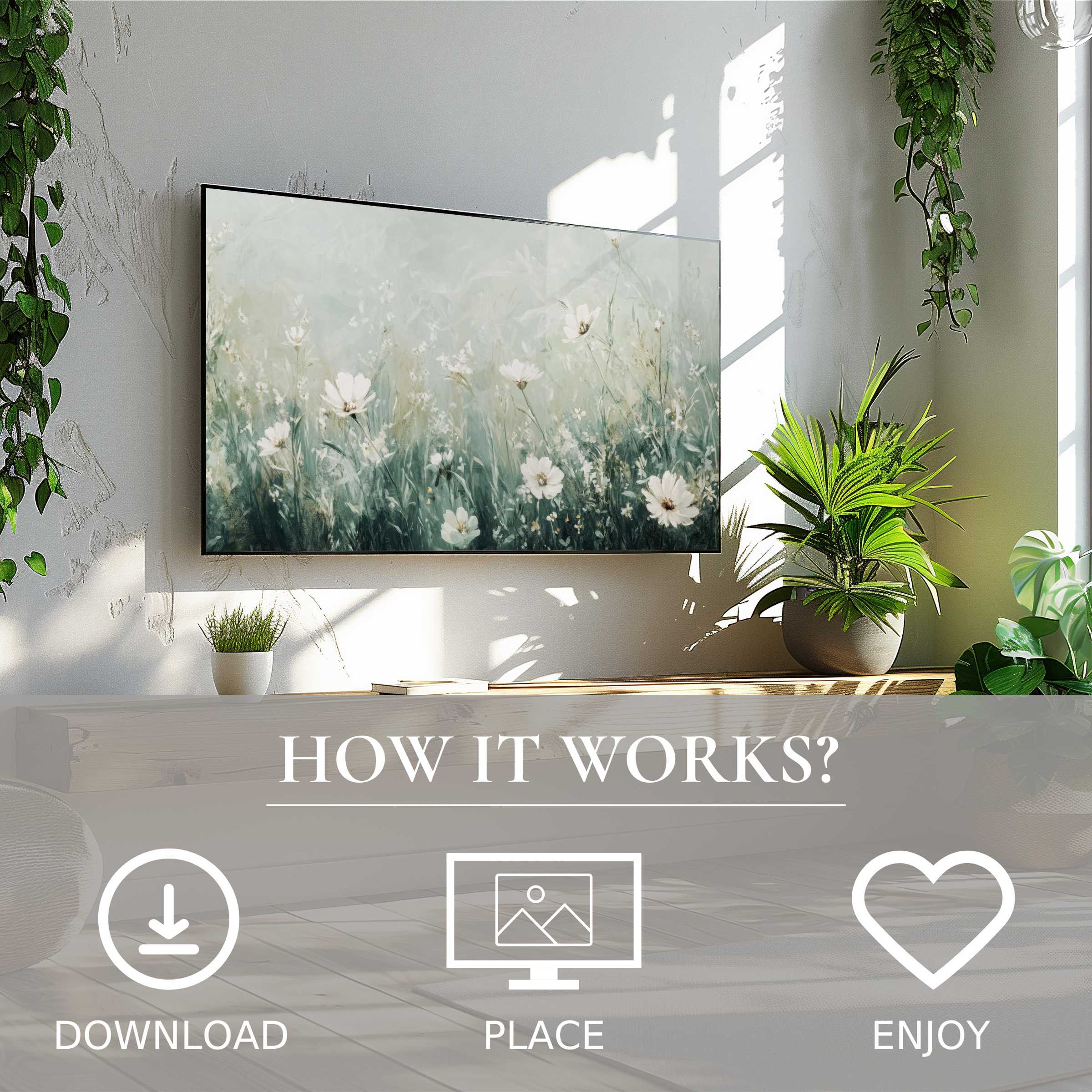 Boho art for Samsung TV with soft floral tones, easy digital download, enriching bright, green, modern living spaces