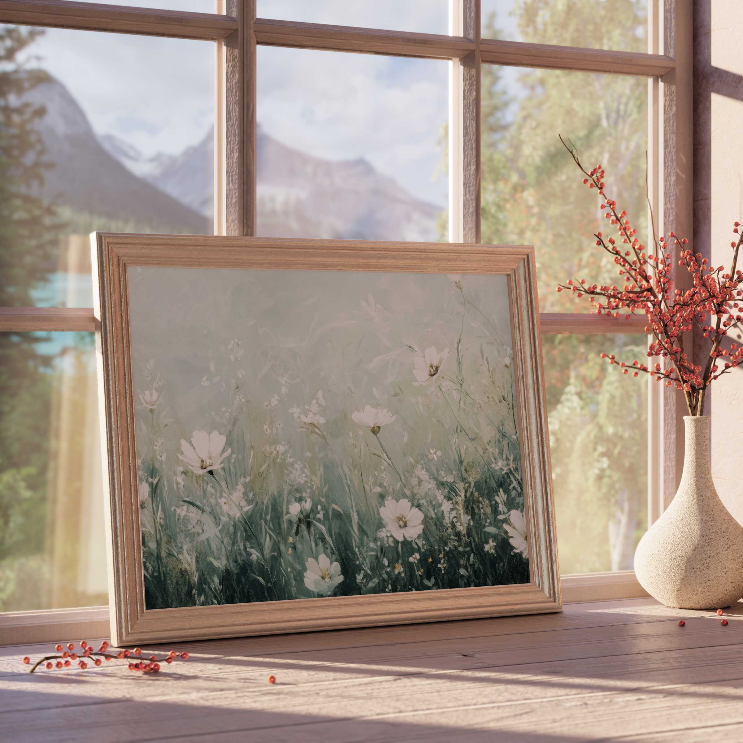 Boho downloadable art capturing serene wildflowers in muted greens and whites, enriching tranquil, design-forward interiors with soft natural elegance