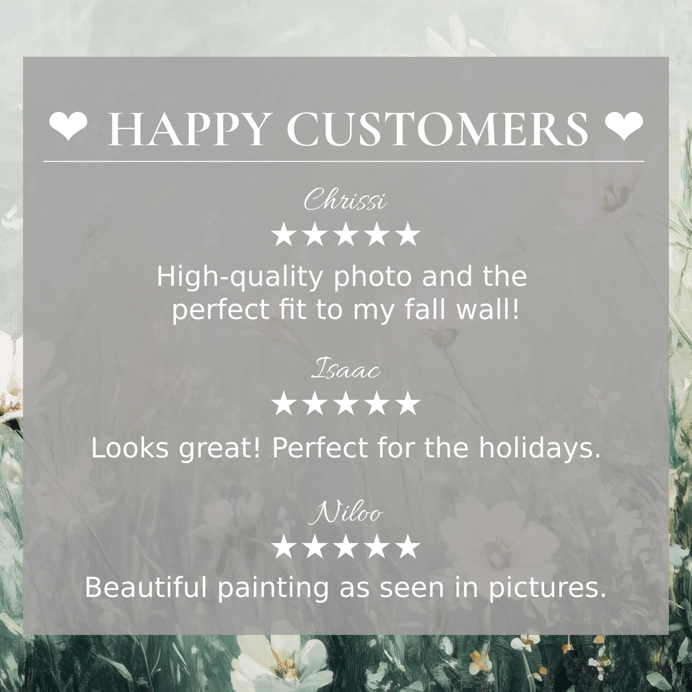 Boho art for Frame TV features soft floral background, happy customer reviews, and an elegant, trust-building layout