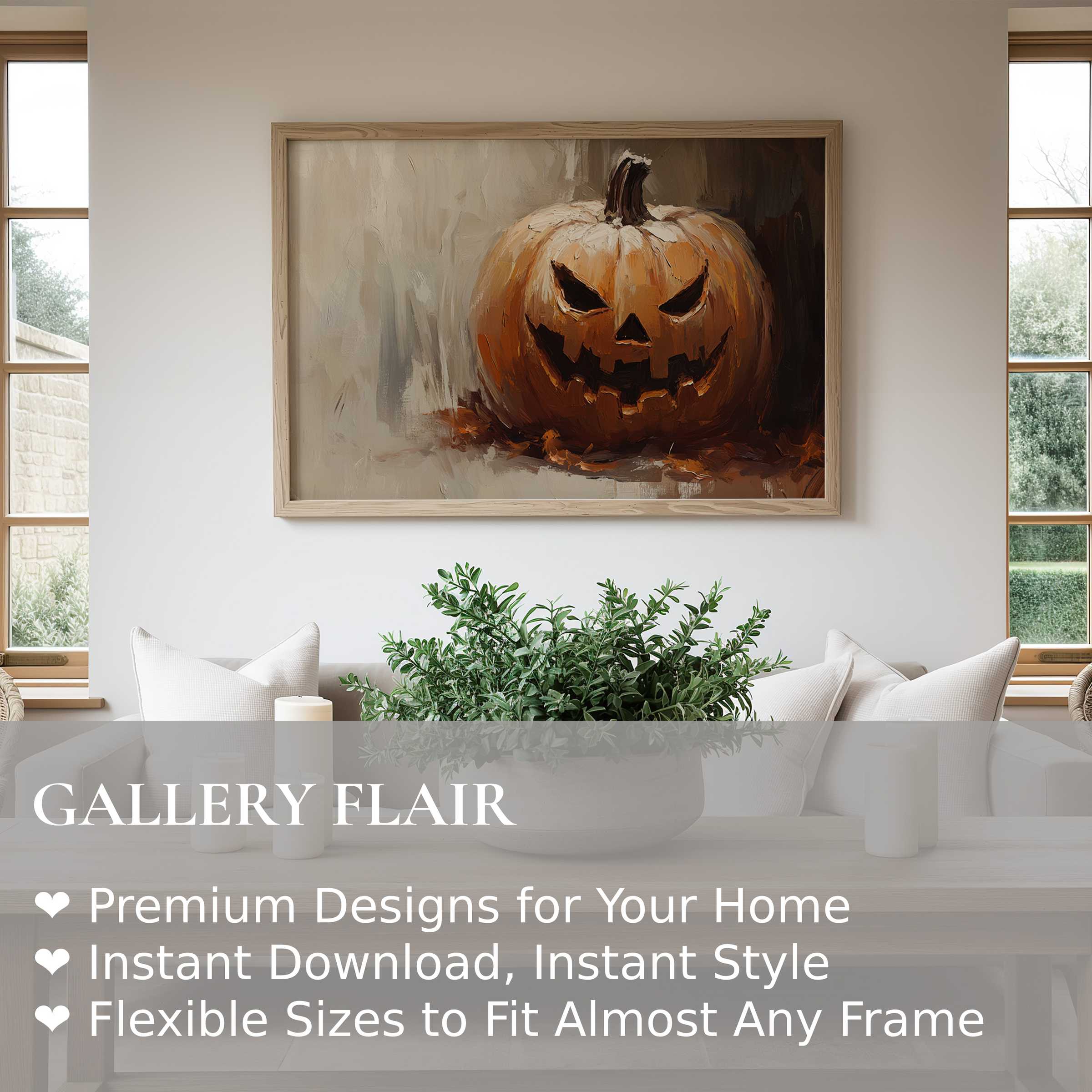 Halloween wall art print featuring a bold, textured jack-o'-lantern painting that enriches modern, minimal interiors with warm, autumnal charm