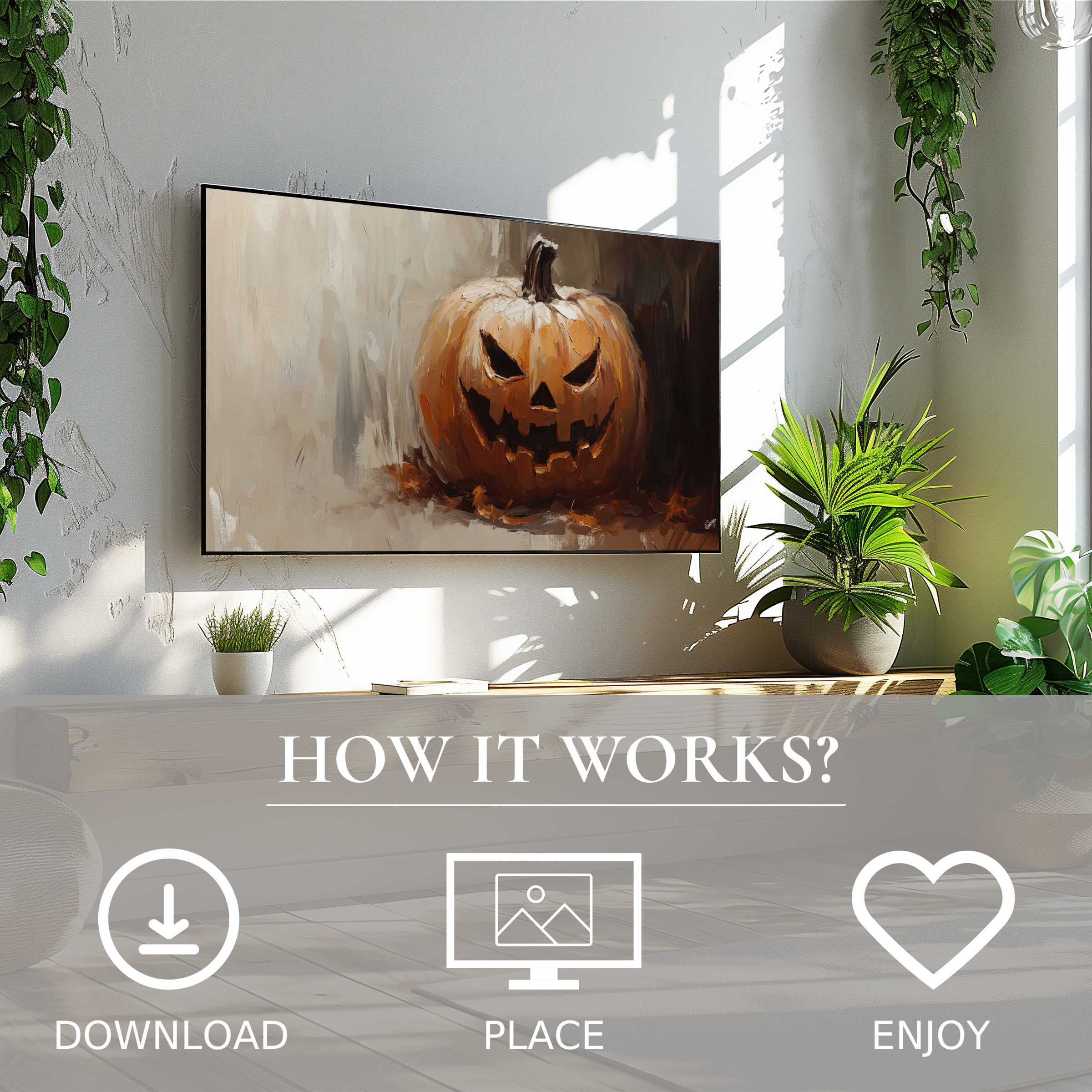 Halloween art for Samsung TV shows warm orange pumpkin tones; easy digital download enriches modern living spaces
