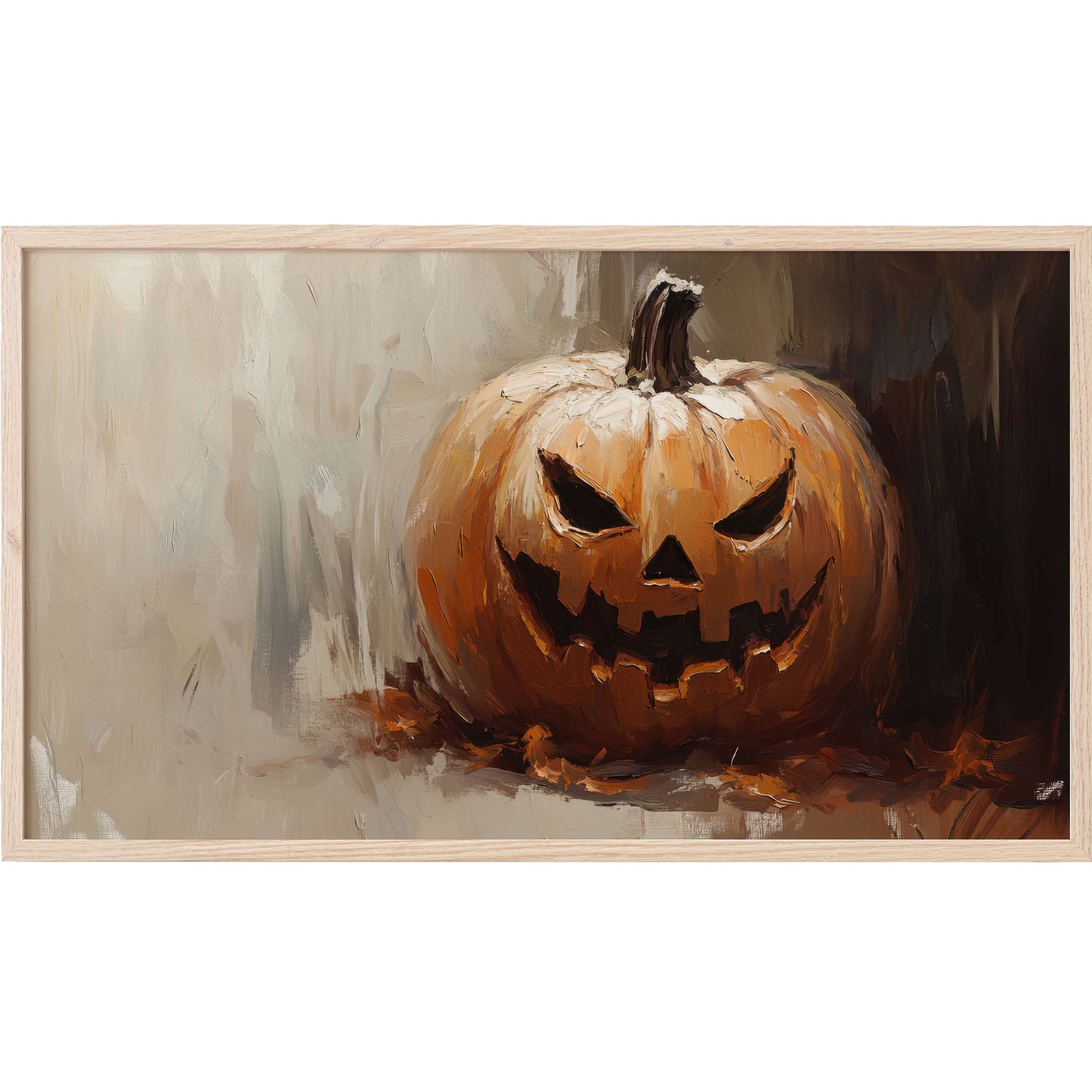 Elegant oil-painted jack-o'-lantern in warm oranges and browns with textured brushstrokes, a refined halloween Frame TV Art