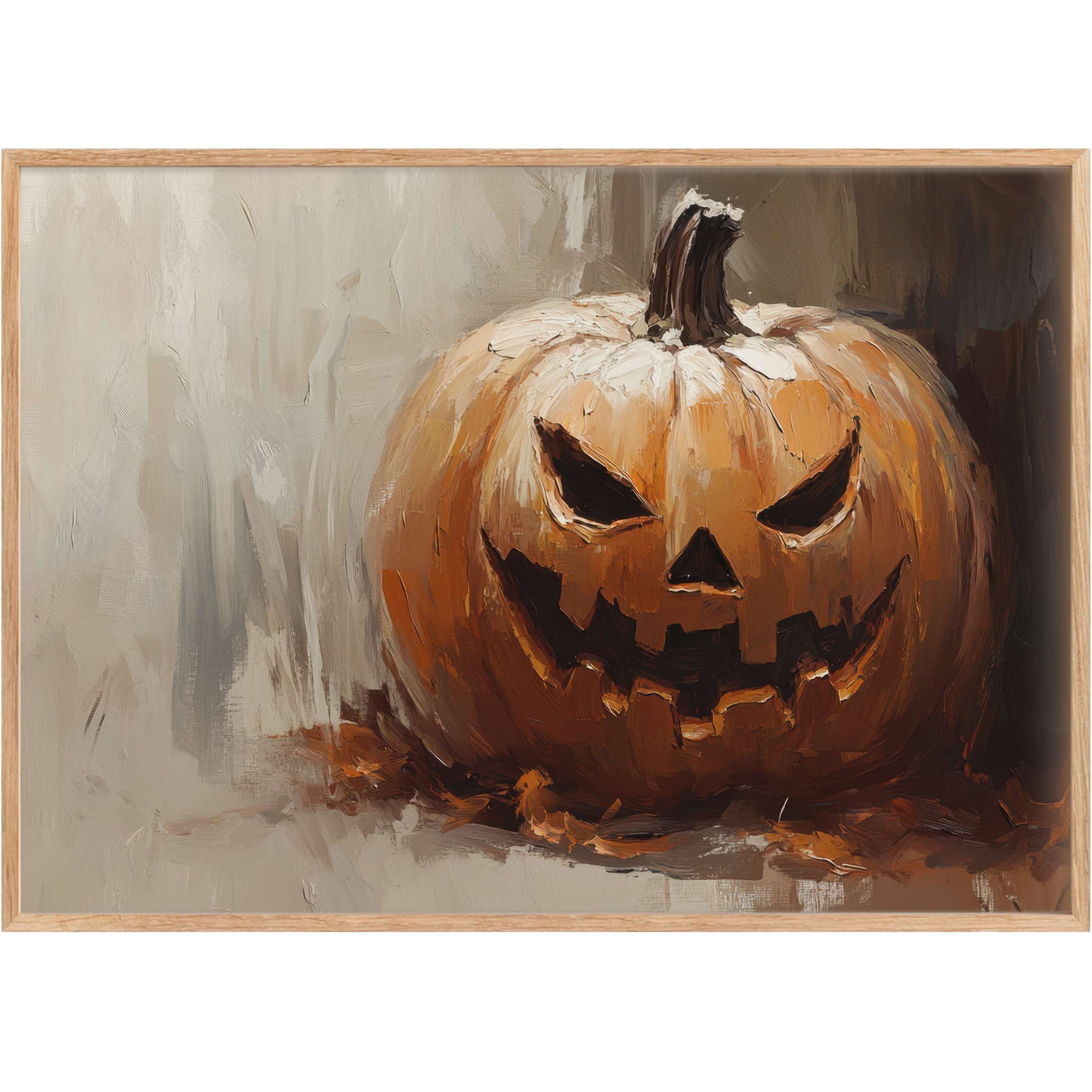 Elegant halloween printable wall art featuring a bold, textured jack-o’-lantern in warm amber tones, evoking cozy autumnal allure
