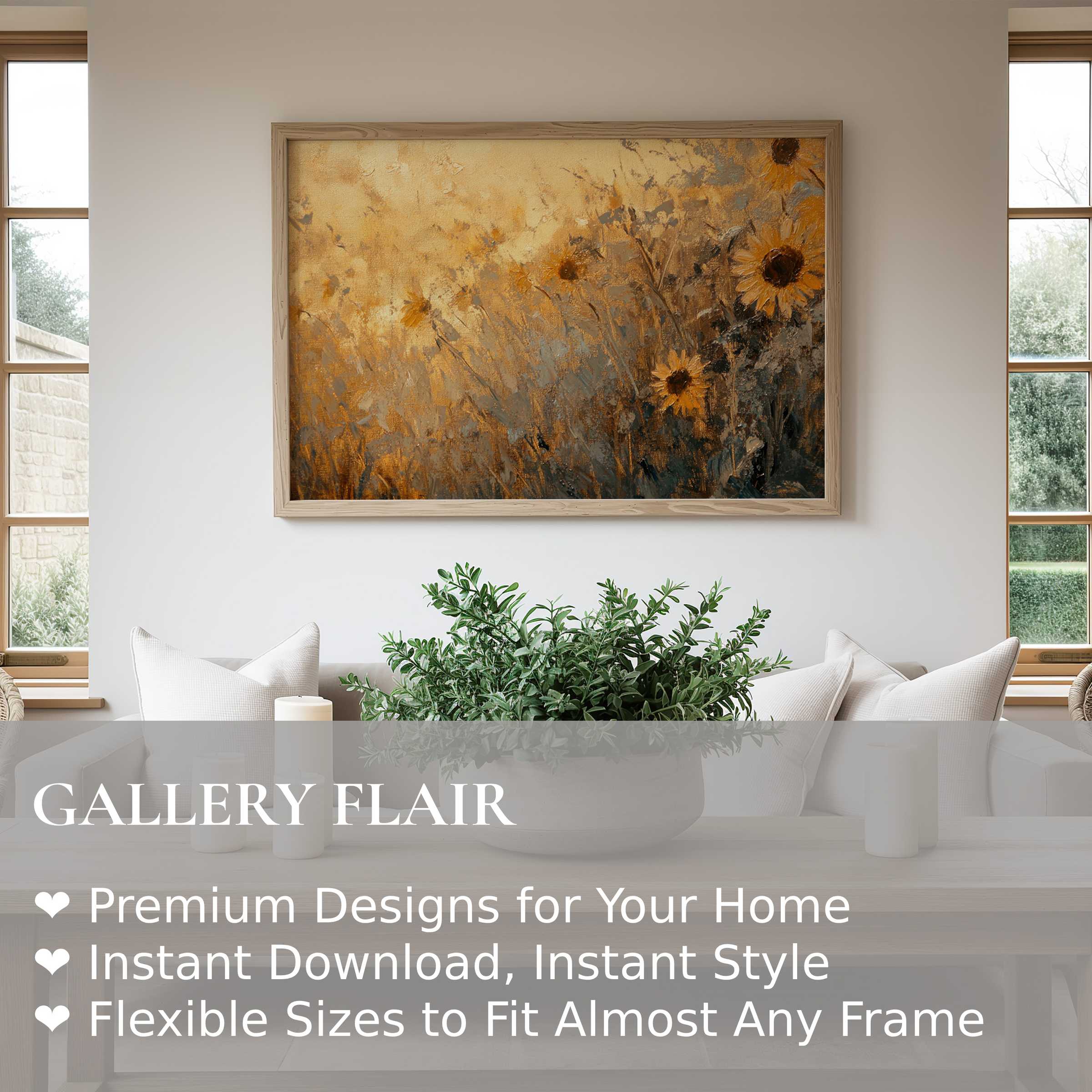 Fall wall art print featuring radiant sunflowers in warm amber hues, enhancing modern minimalist living spaces with serene, natural elegance